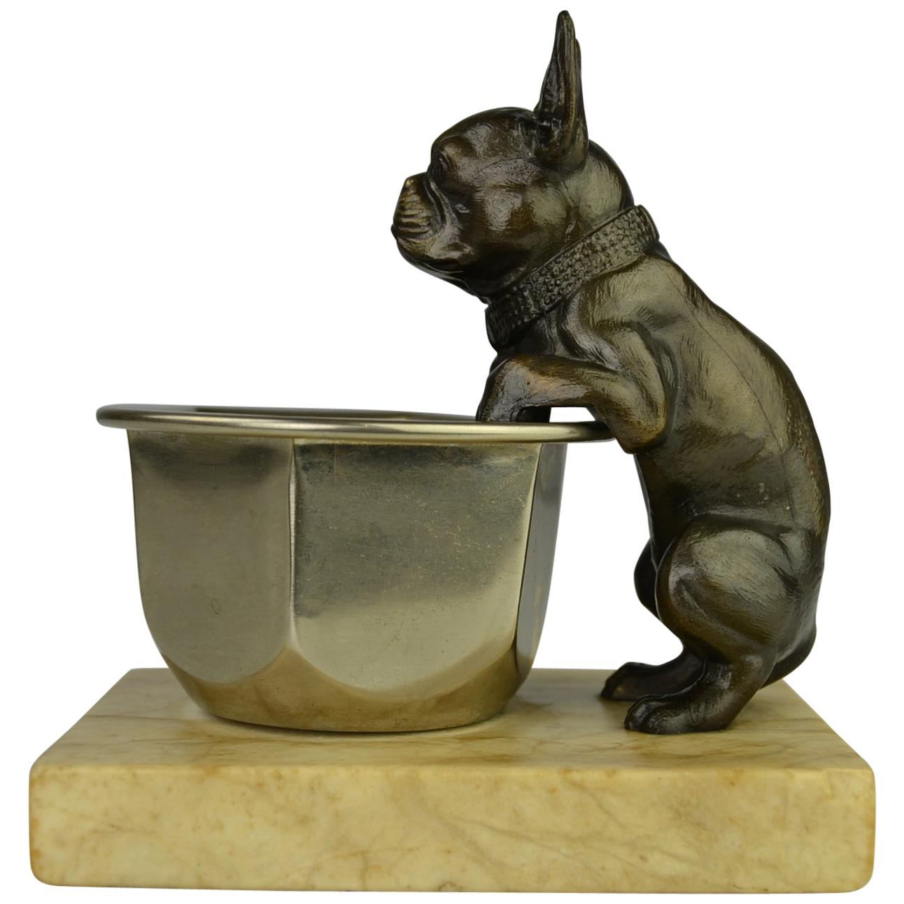 Art Deco French Bulldog Figurine Hanging over a Bowl Mounted on Marble Base 