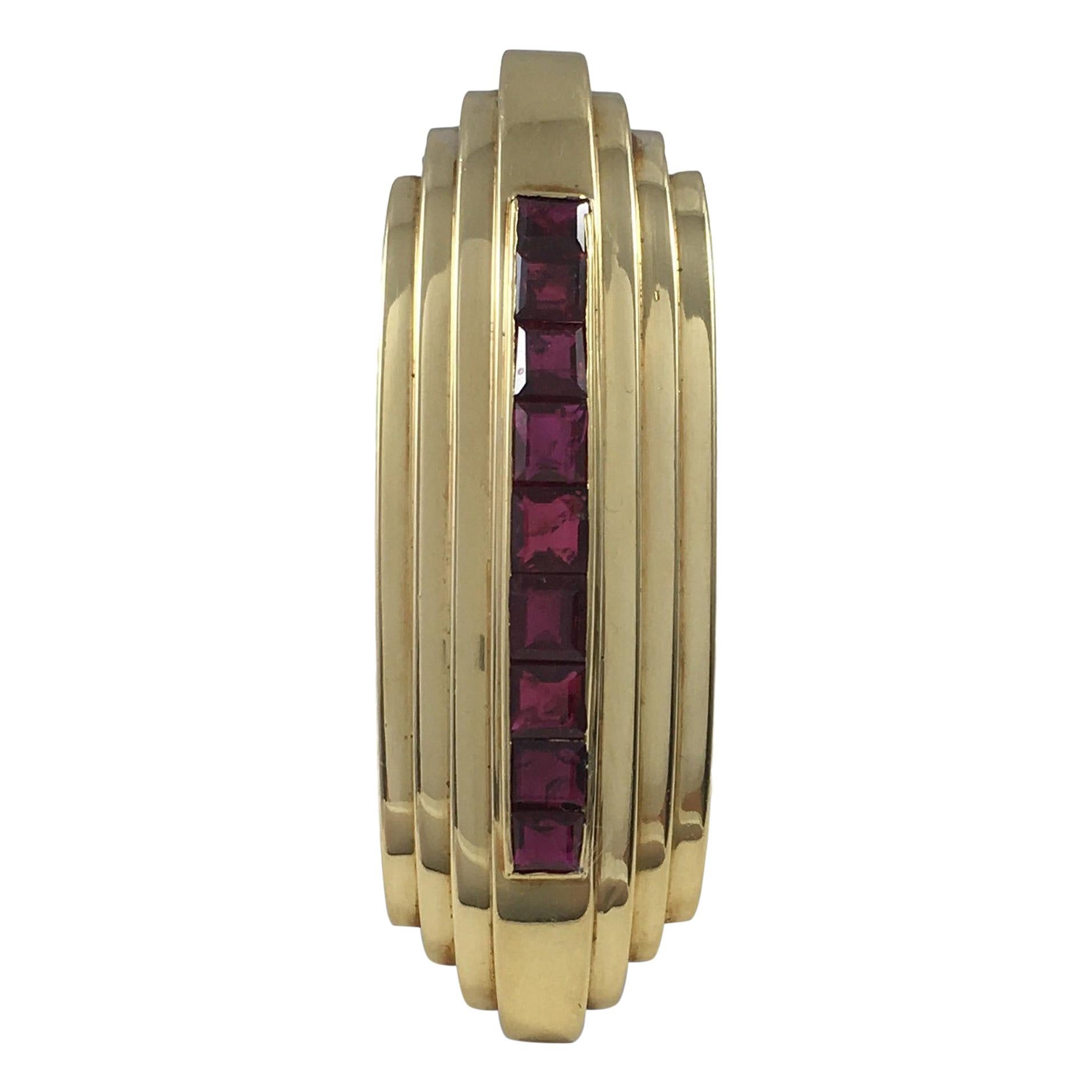 Art Deco French Burma Ruby Gold Clip Brooch