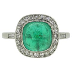 Art Deco French Cabochon Emerald and Diamond Ring
