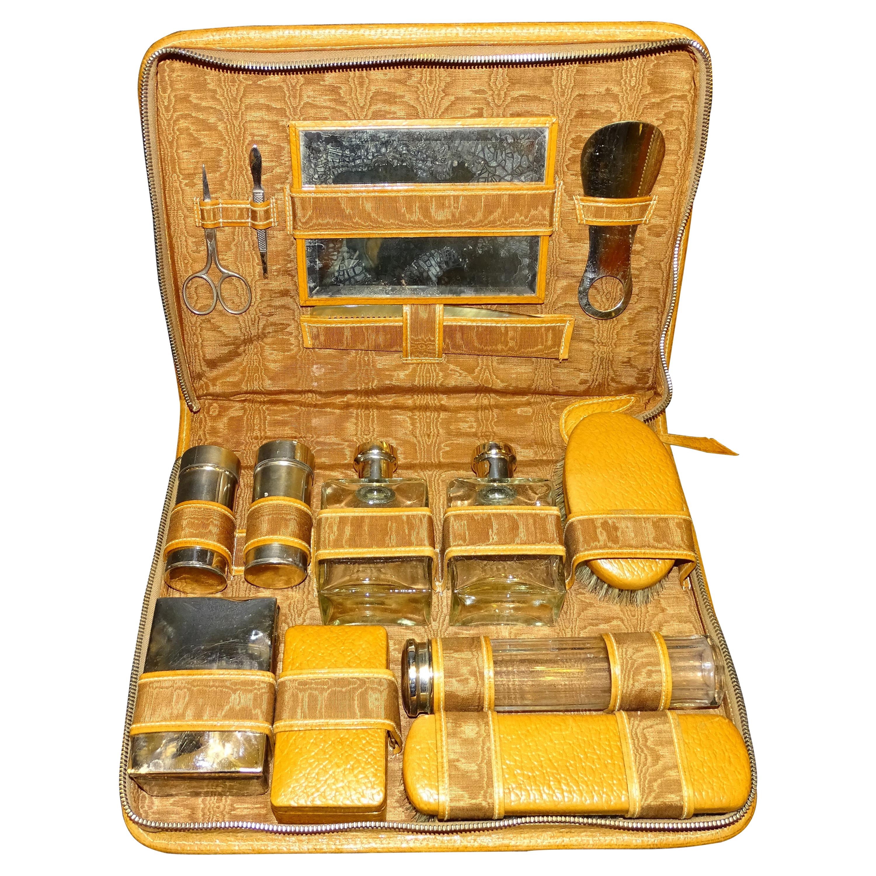 Art Deco French Case in Men’s Toilette Cognac Color Leather, 1930