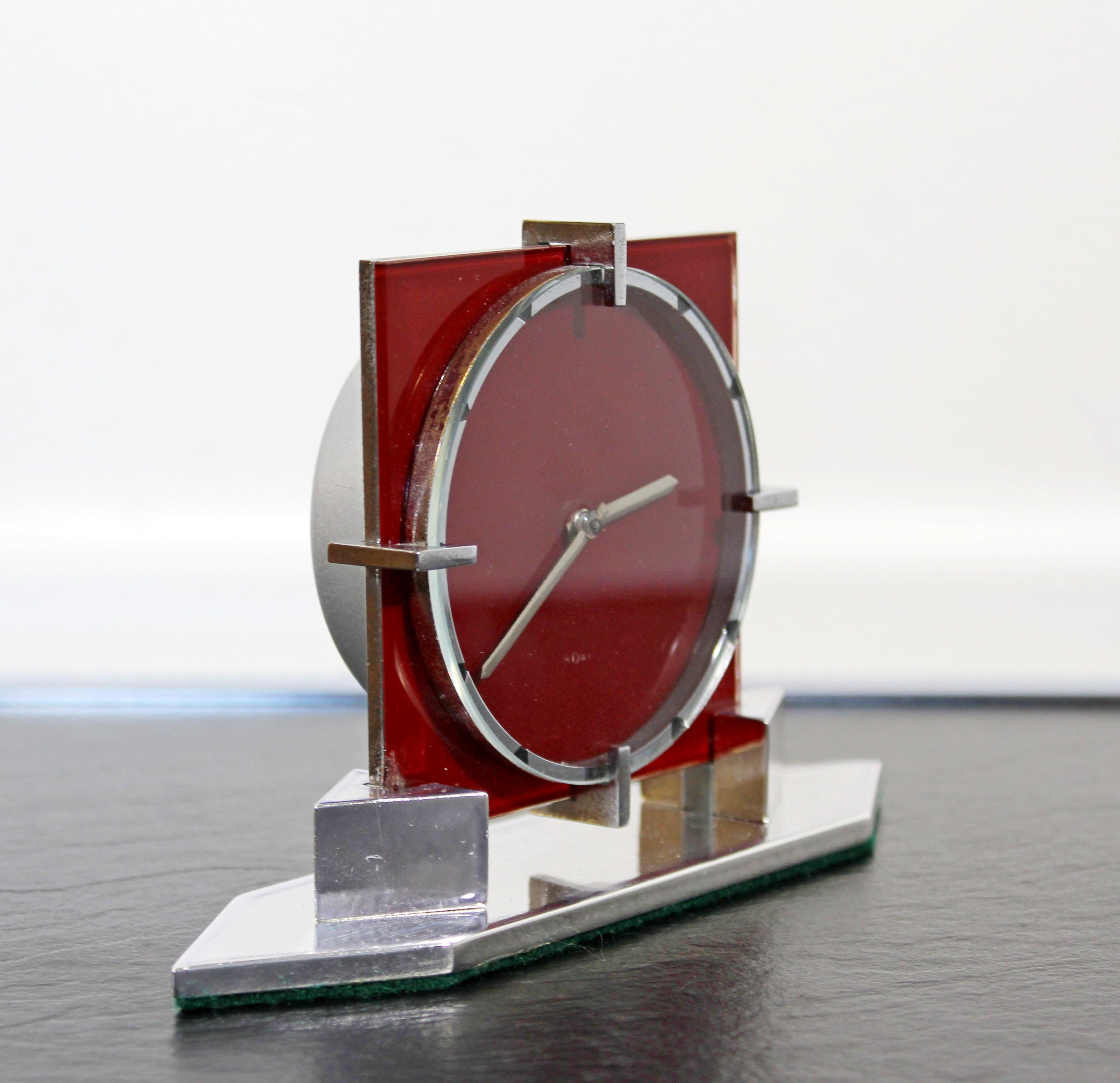 Art Deco French Chrome 8 Day Mantle Shelf Clock Red In Good Condition In Keego Harbor, MI
