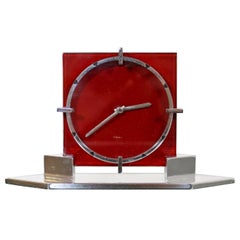 Antique Art Deco French Chrome 8 Day Mantle Shelf Clock Red