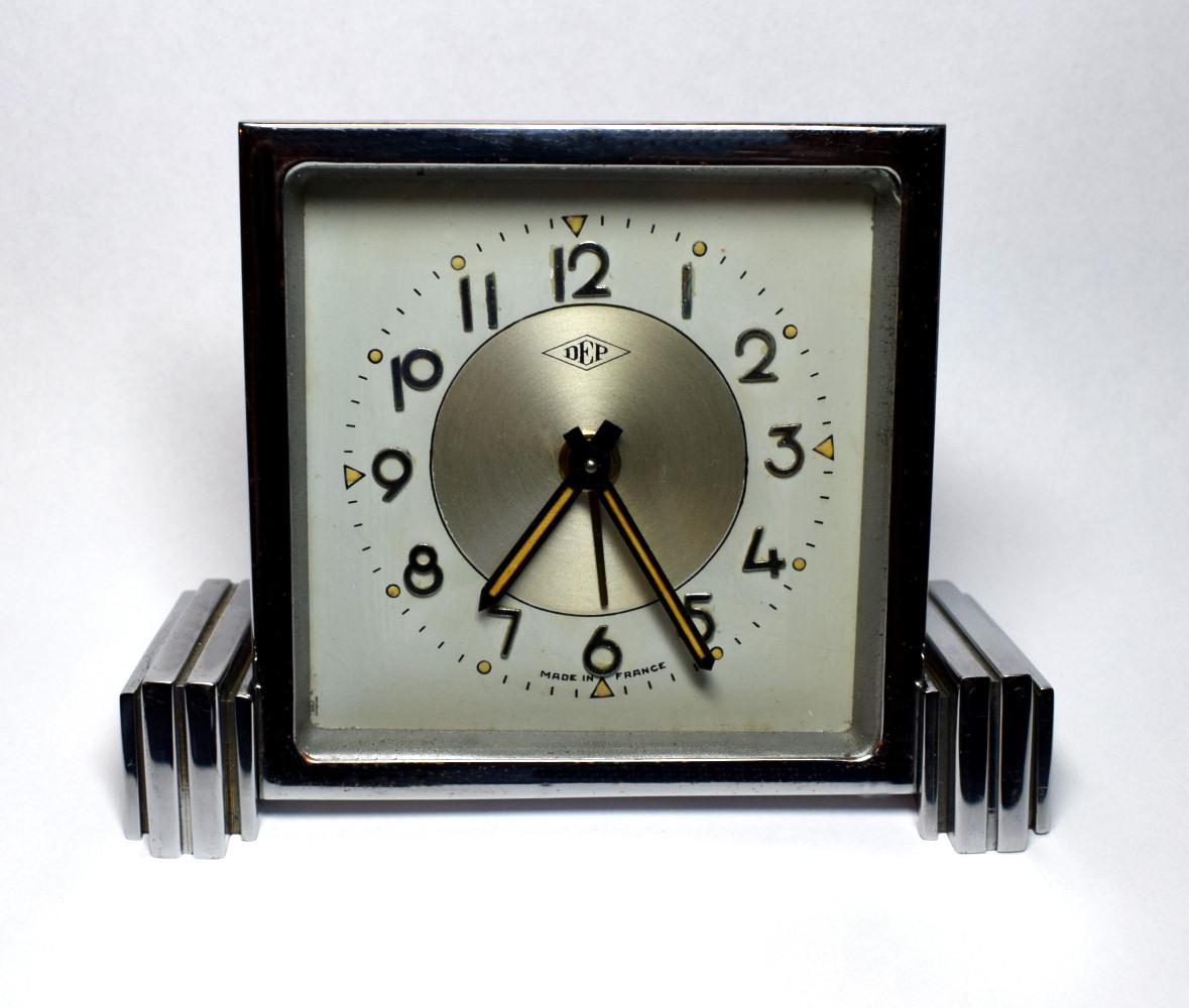 1930s Art Deco chrome clock with an alarm. Originates from France and made by the clock makers Dep. We've had serviced and so comes to you in good working order.