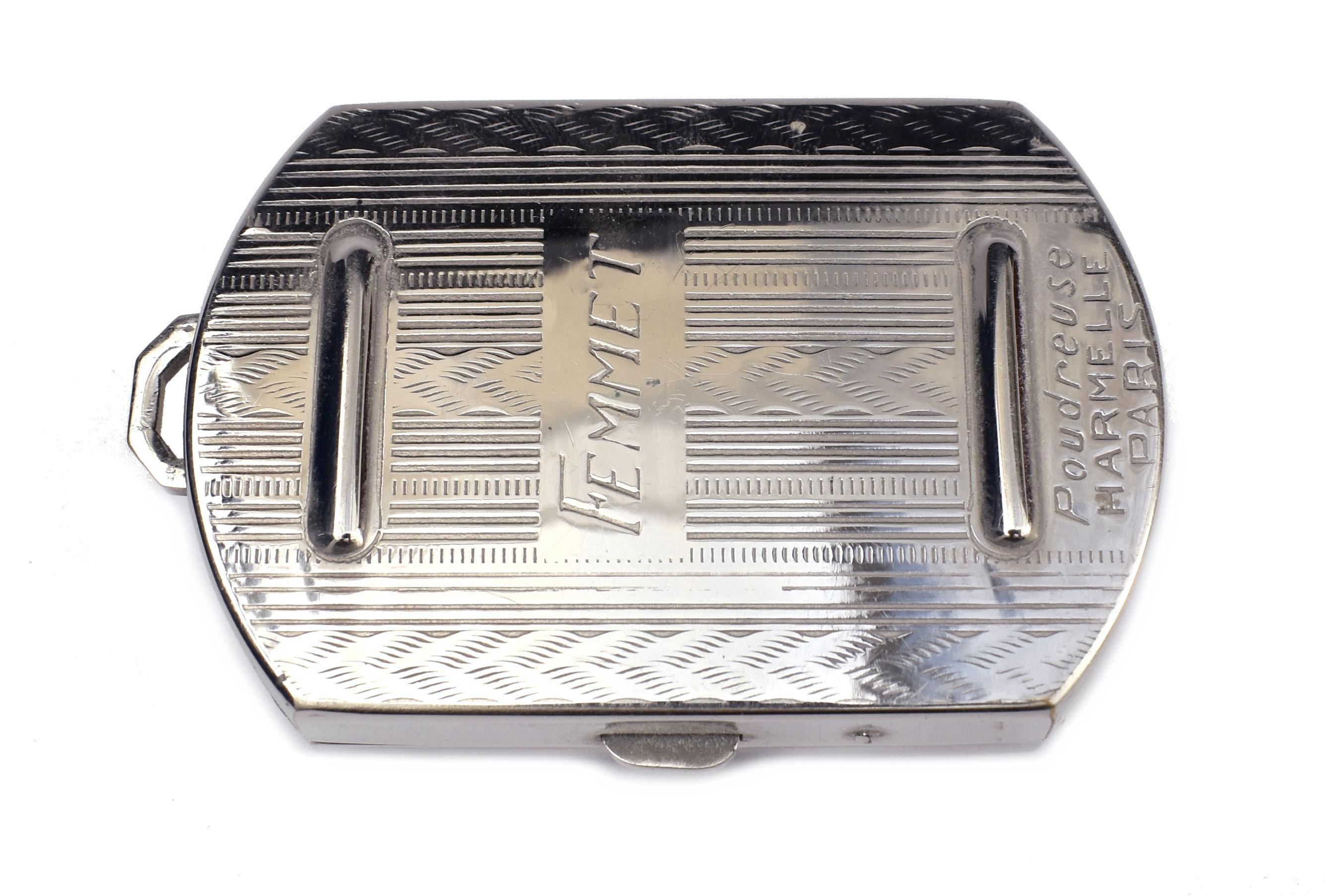 Art Deco Französisch Chrom & Emaille Damen Puder Kompakt, C1930s (Art déco) im Angebot