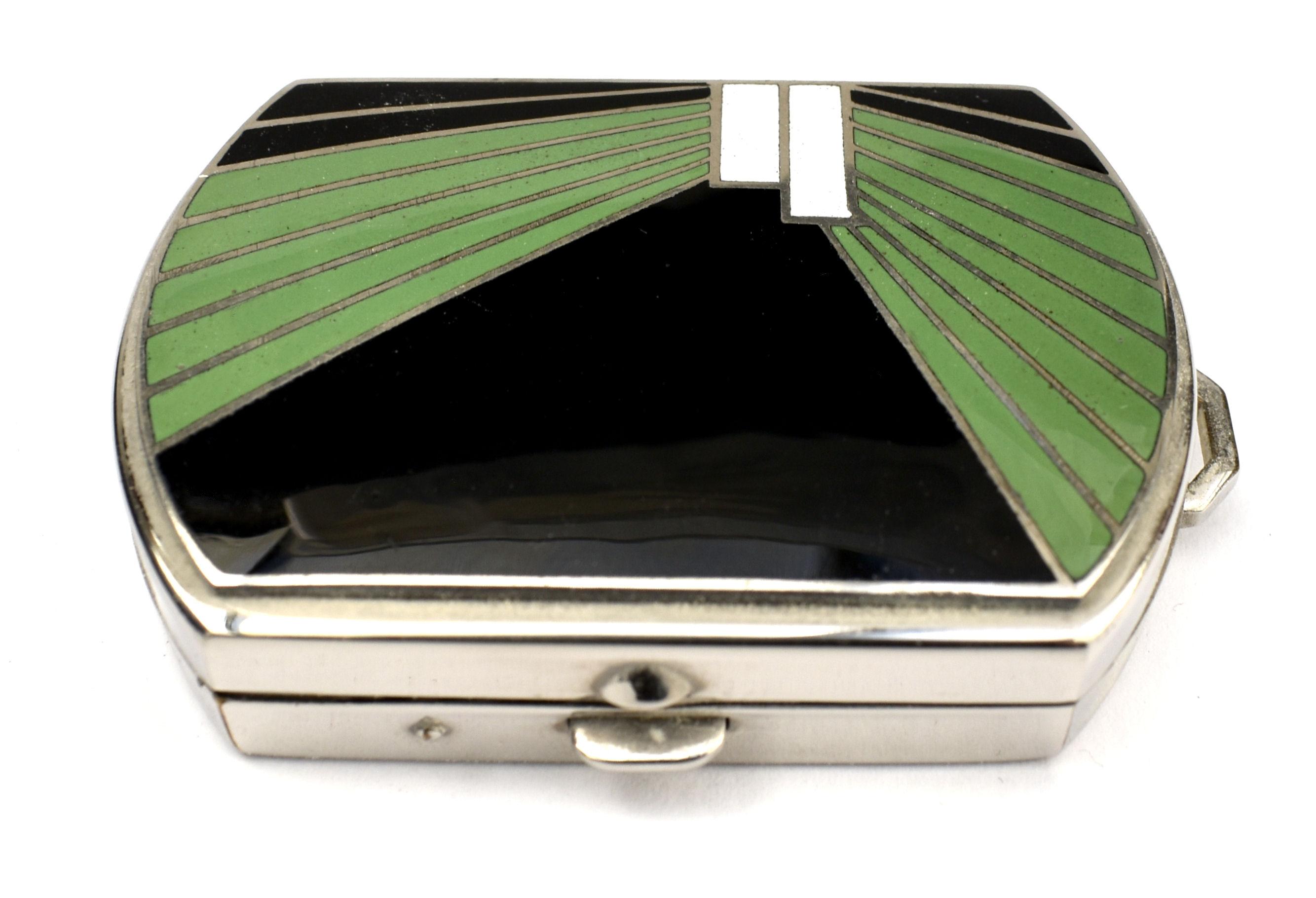 Art Deco Französisch Chrom & Emaille Damen Puder Kompakt, C1930s im Angebot 4