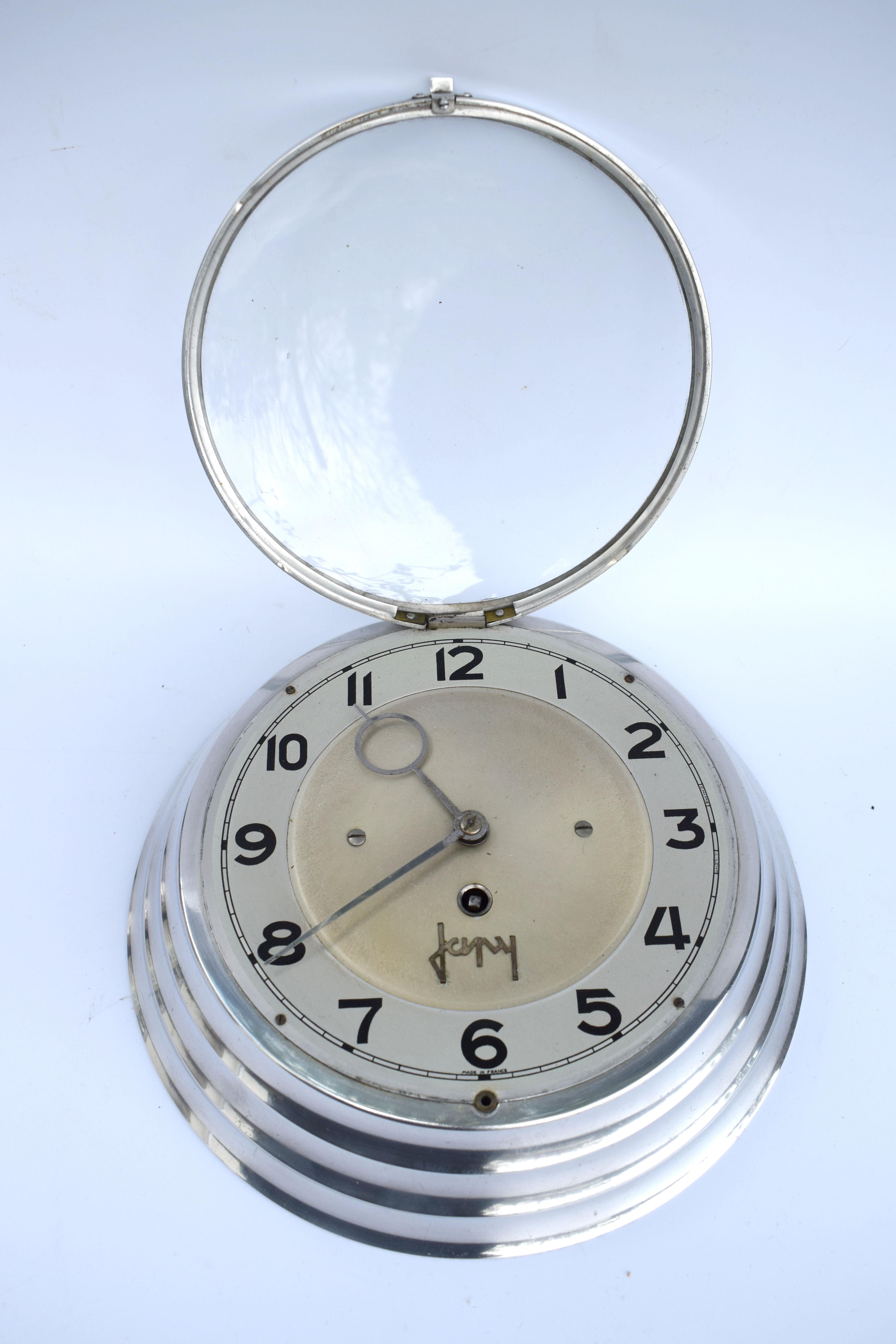 Aluminum Art Deco French Chrome Wall Clock by Japy Freres, circa 1930