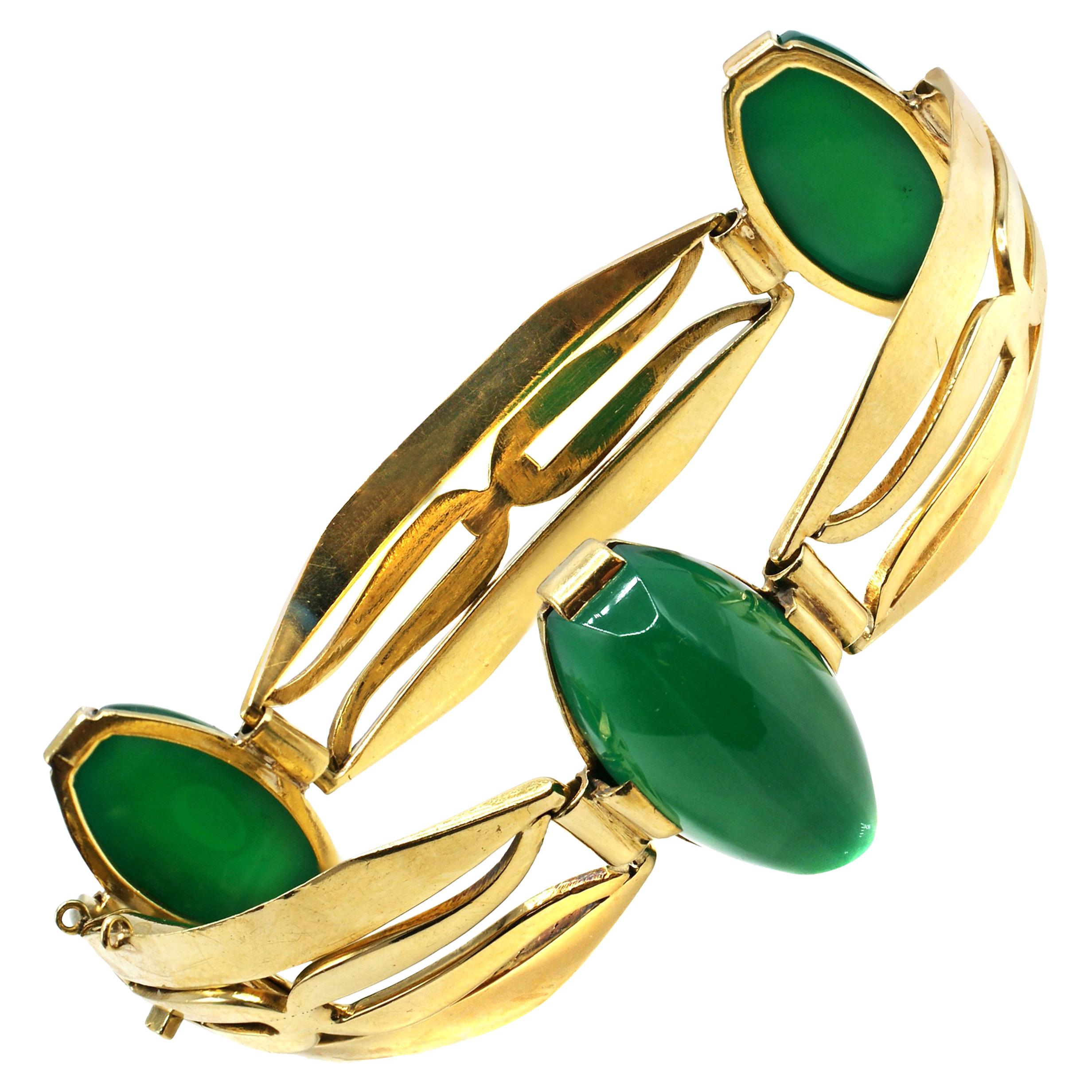 Bracelet Art déco français en or jaune 18 carats et chrysoprase