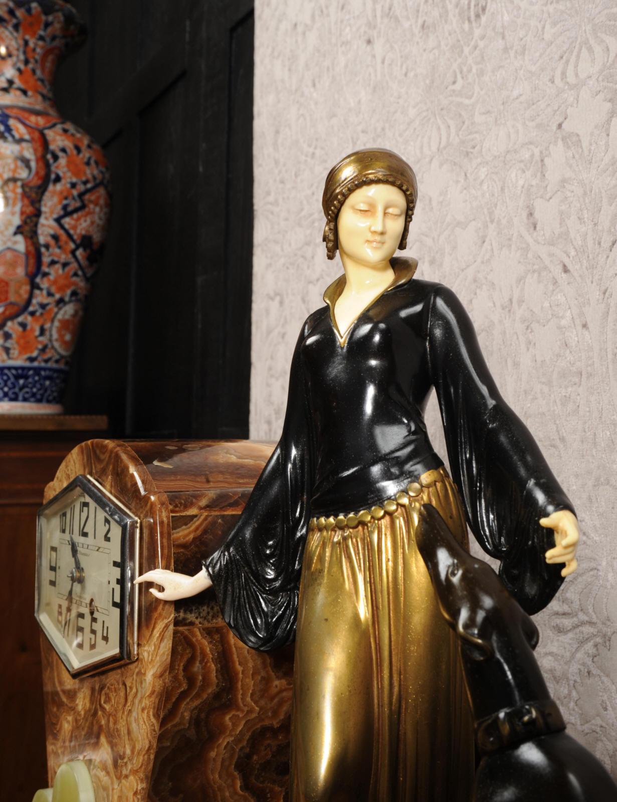 Patinated Art Deco French Clock by Menneville 'Ugo Cipriani, 1897 – 1960'