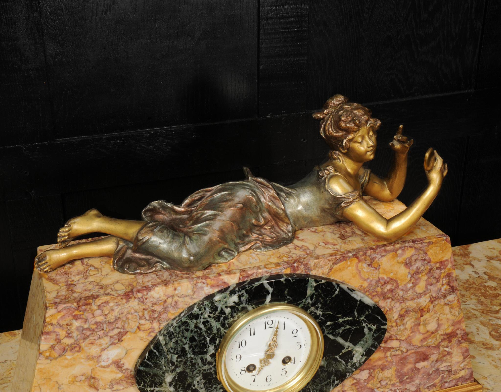 European Art Deco French Clock, Reflected Beauty, Fully Overhauled For Sale