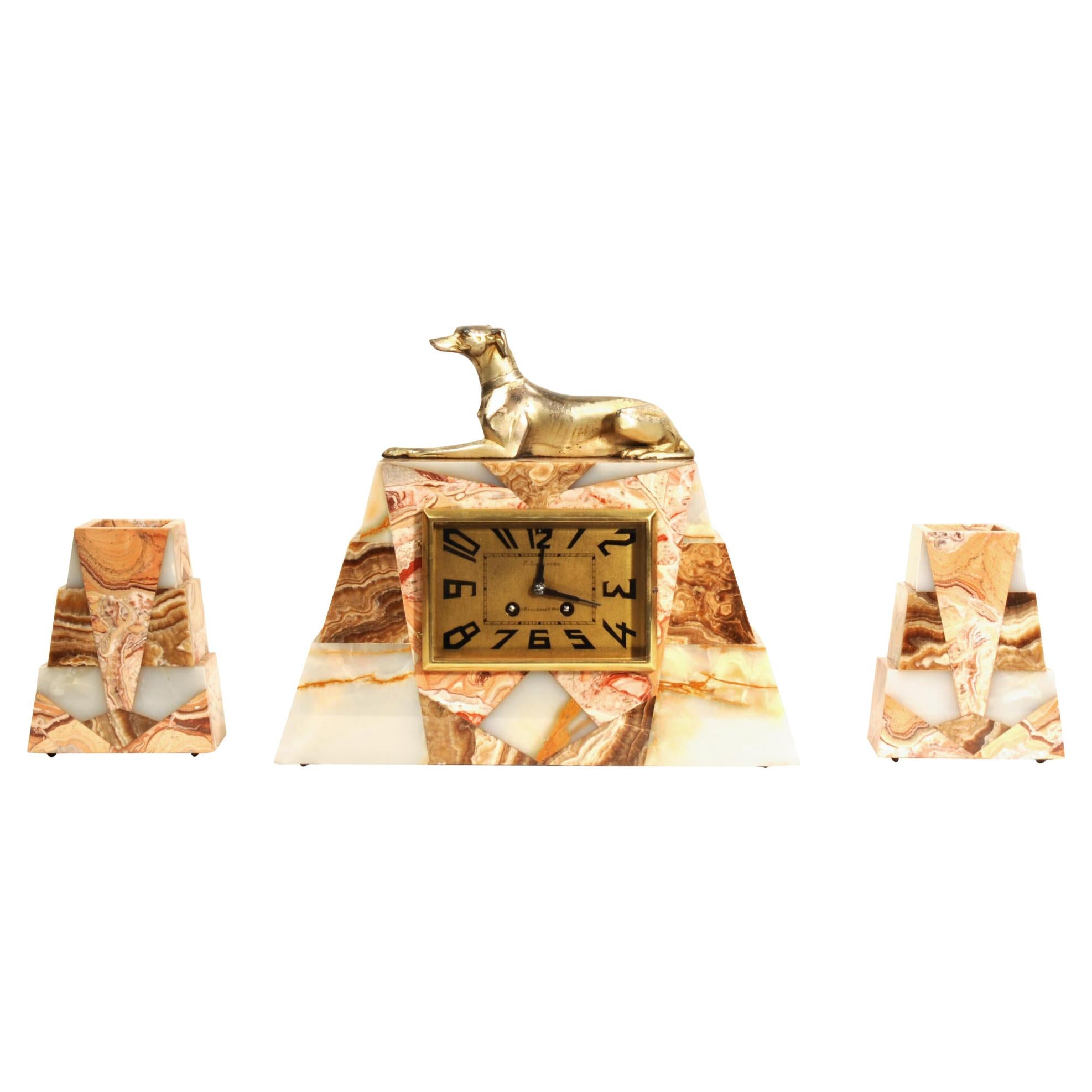 Französisches Uhren-Set im Art déco-Stil, Windhund