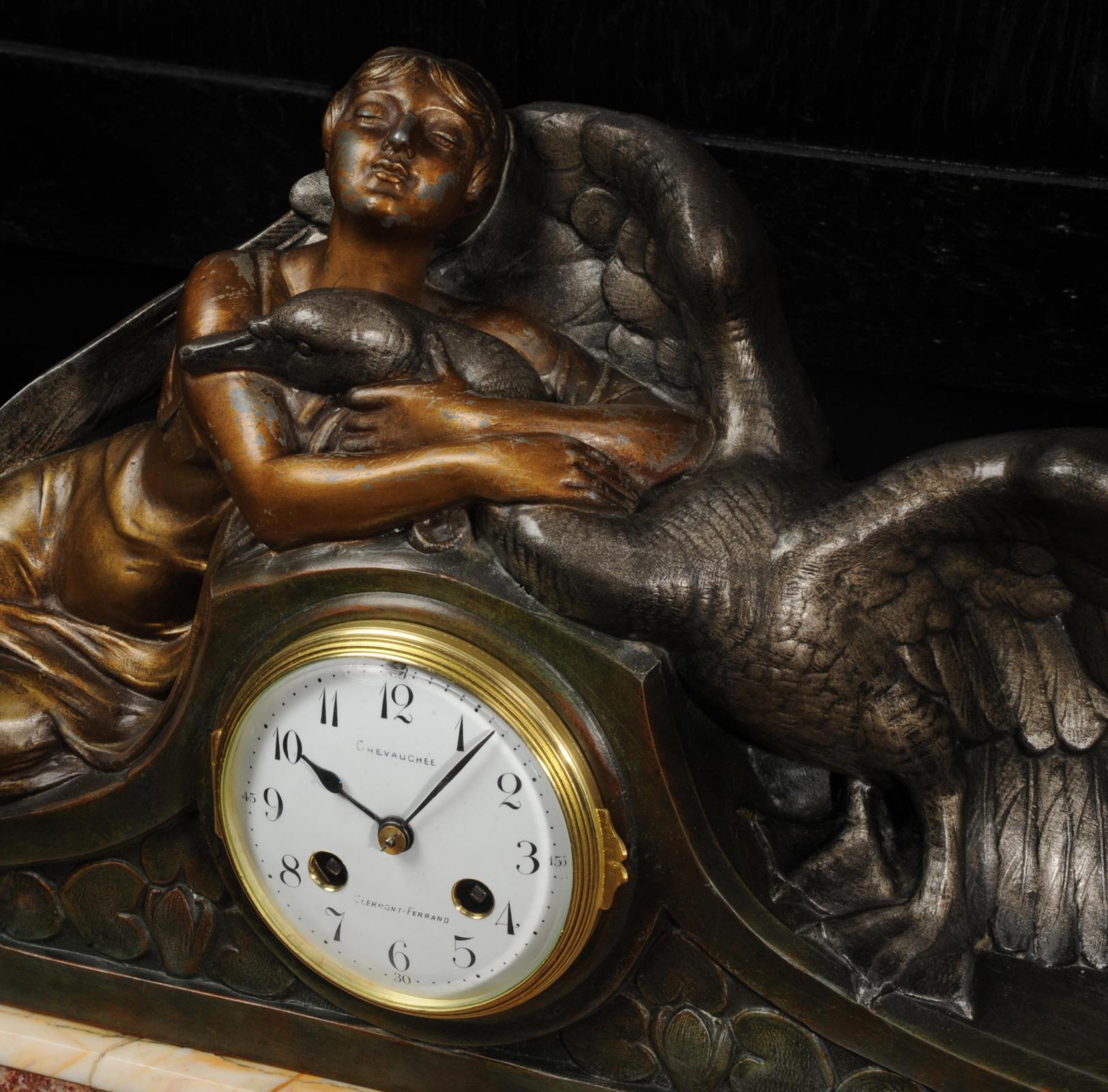 Patinated Art Deco French Clock Set - Leda and the Swan by Pierre Sega
