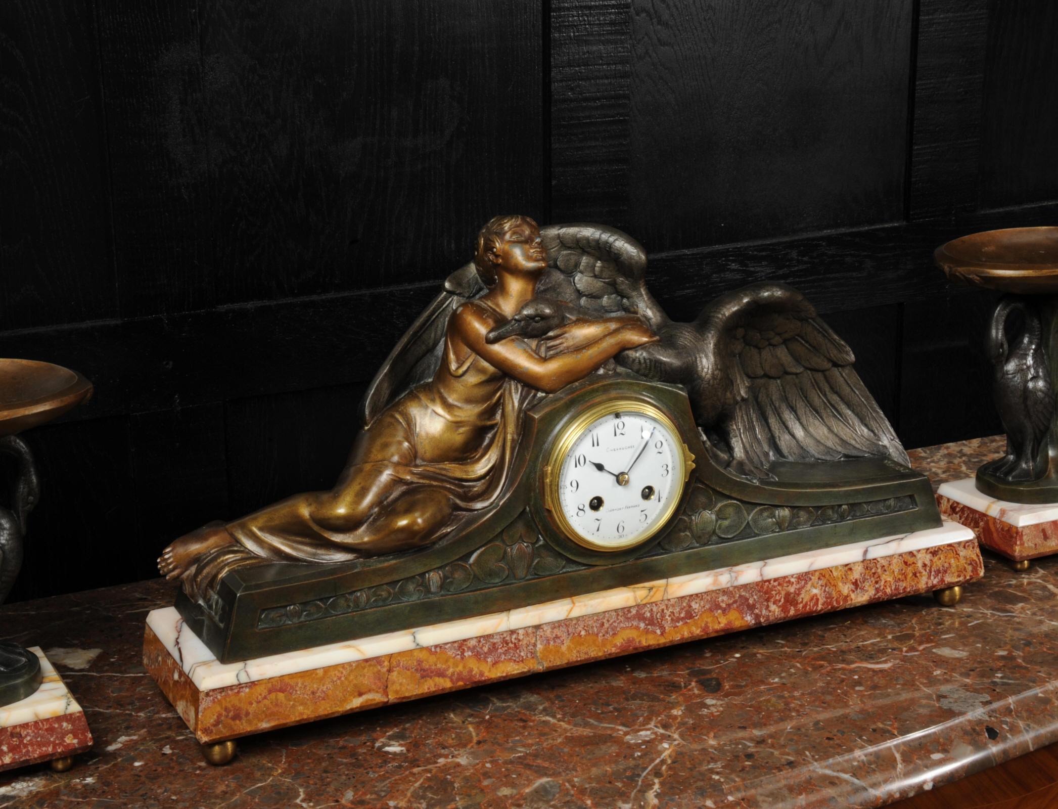 Art Deco French Clock Set - Leda and the Swan by Pierre Sega In Good Condition In Belper, Derbyshire