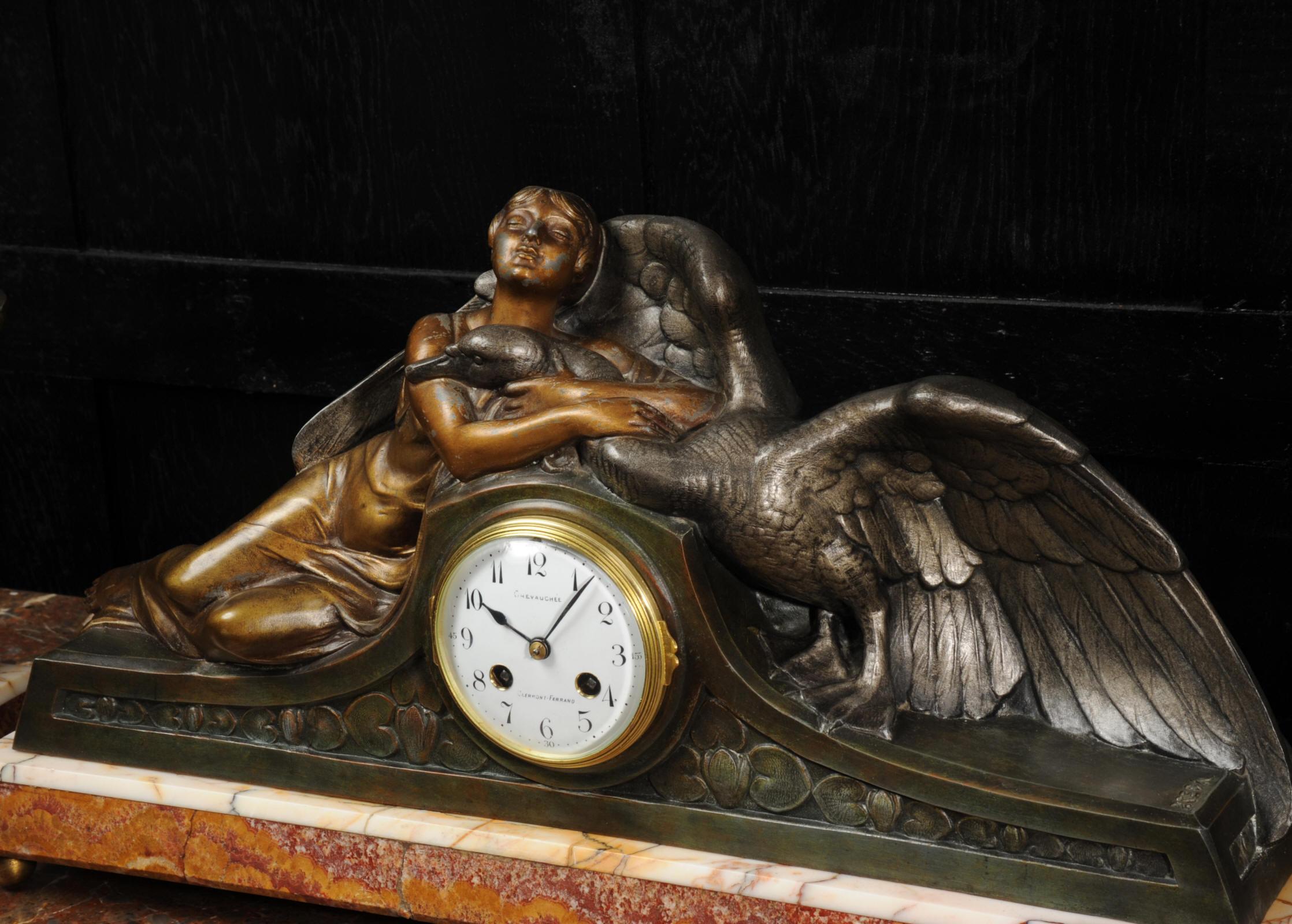Art Deco French Clock Set - Leda and the Swan by Pierre Sega 2