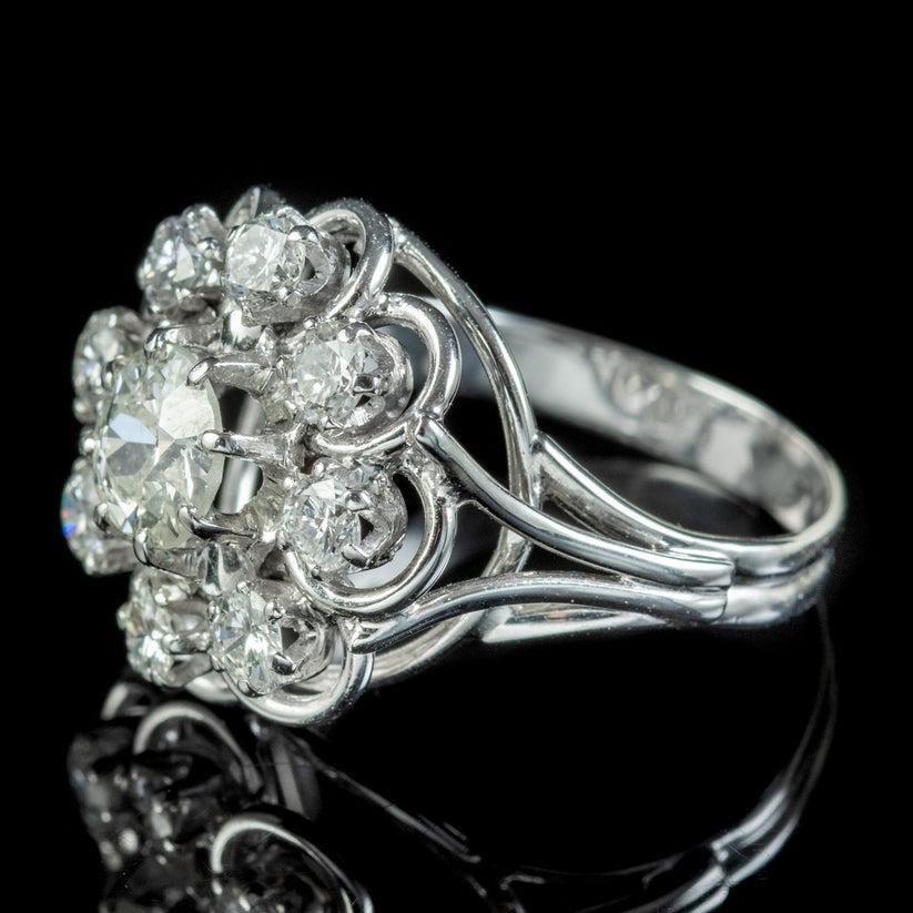 Old European Cut Art Deco French Cluster Ring in 1.85ct of Diamond, circa 1920