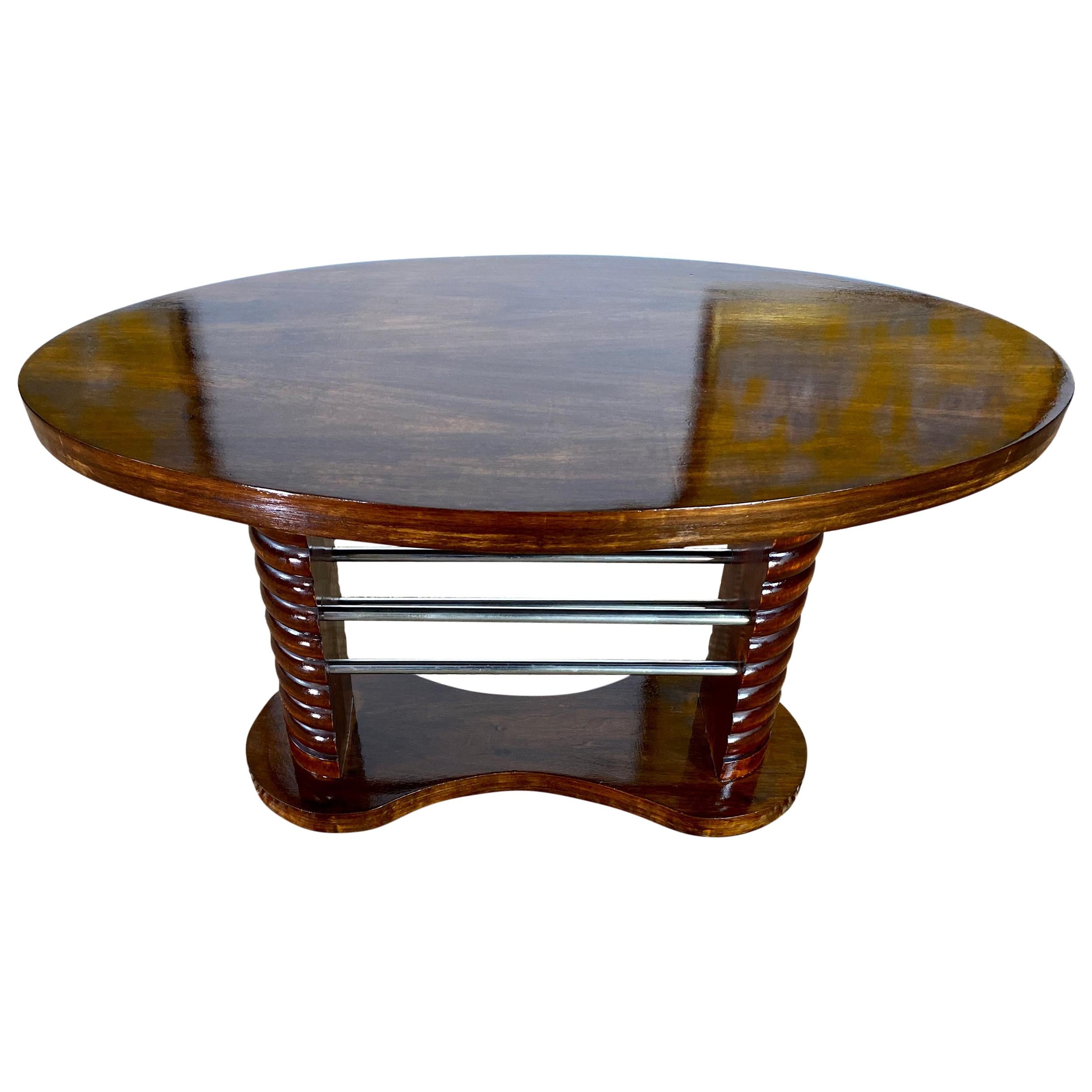 Art Deco French Coffee Side Table, Mahogany, Chrome Guéridon, France, circa 1930