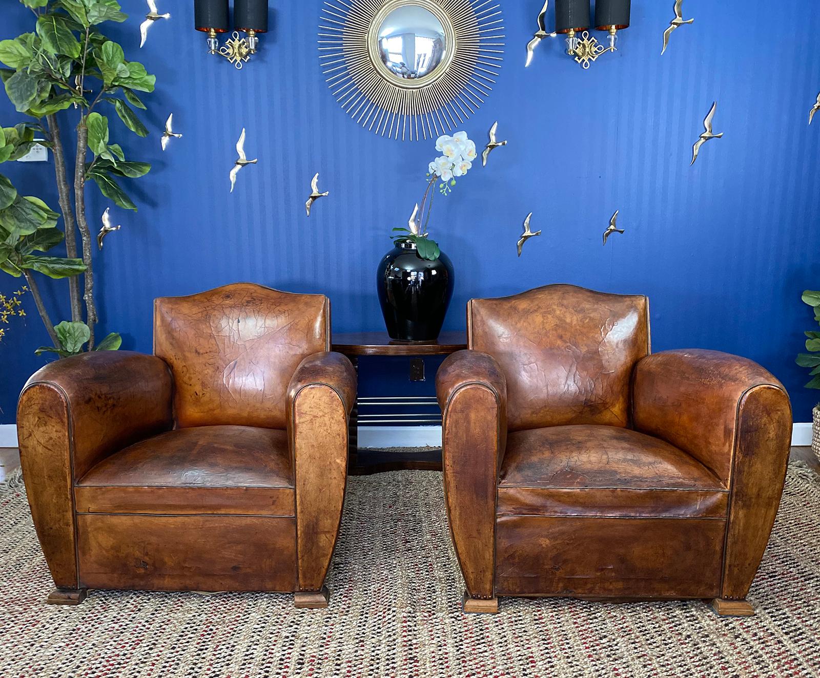 Mid-20th Century Art Deco French Cognac Leather Moustache Club Chair, circa 1930