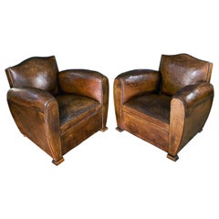 Fauteuil club Art Déco français en cuir cognac Moustache, vers 1930