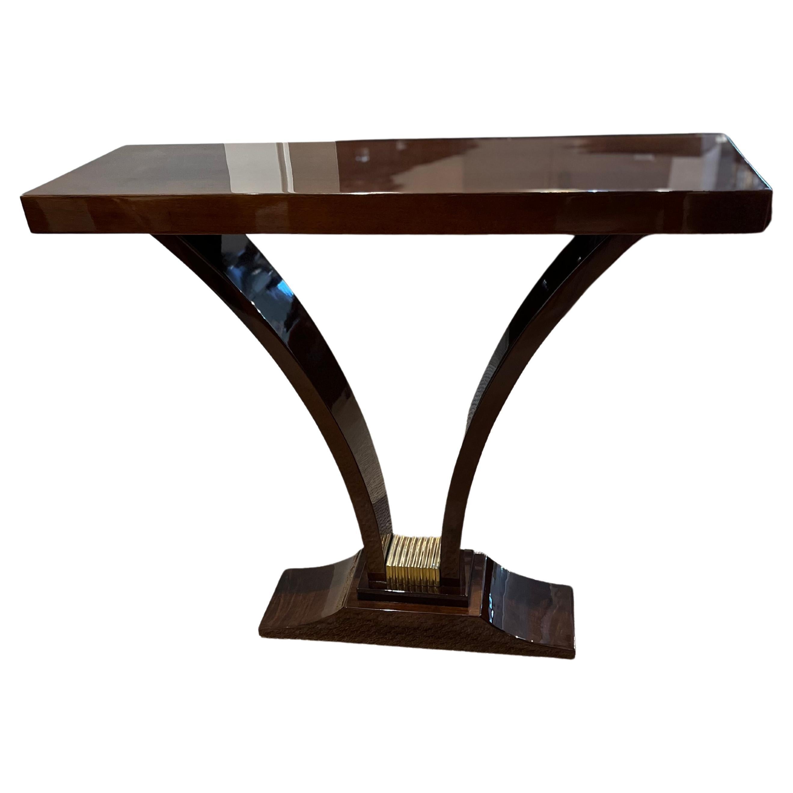 Art Deco French Console in Walnut and Brass For Sale