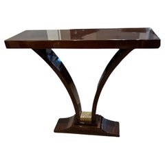 Vintage Art Deco French Console in Walnut and Brass