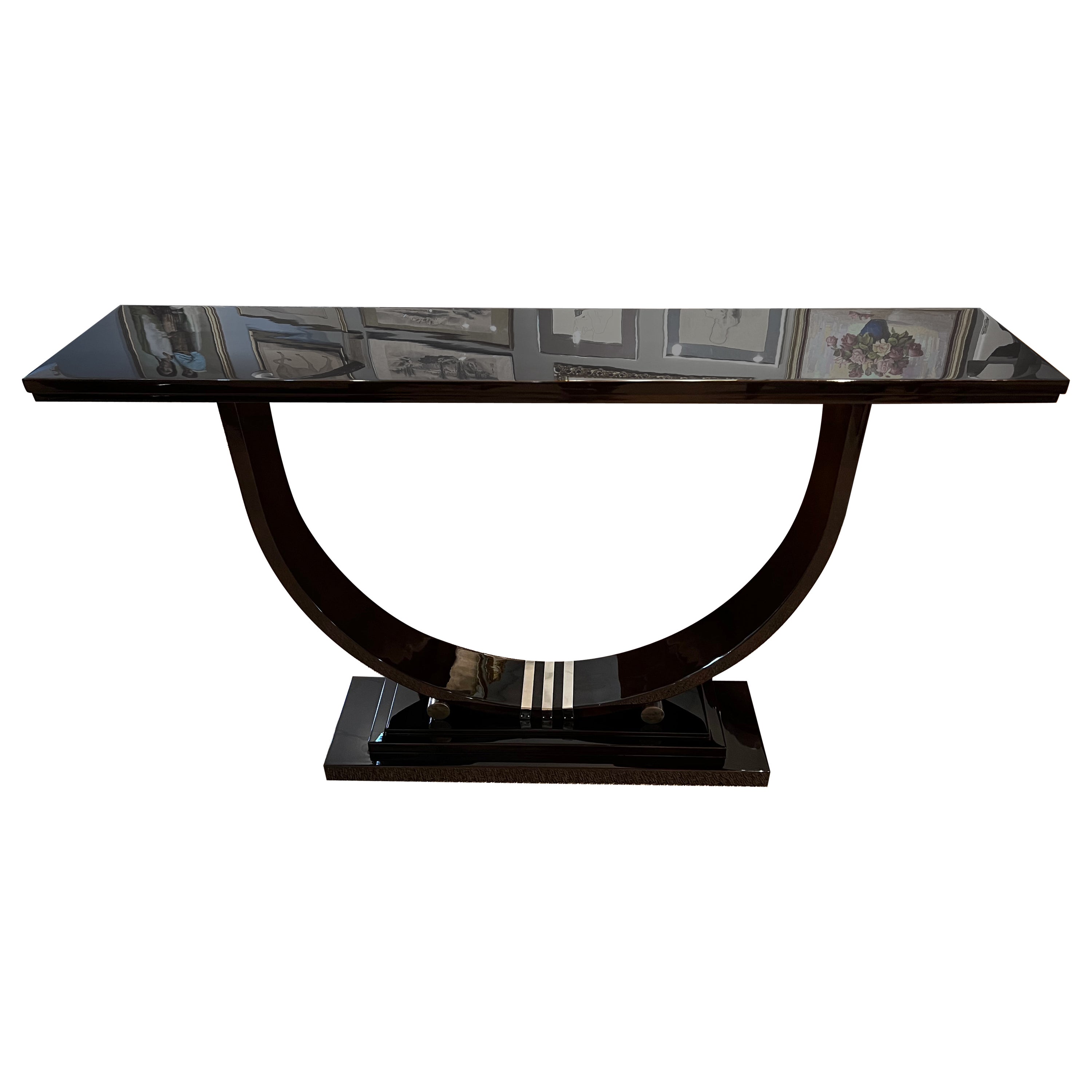 Console française Art Déco en noyer avec bandes chromées
