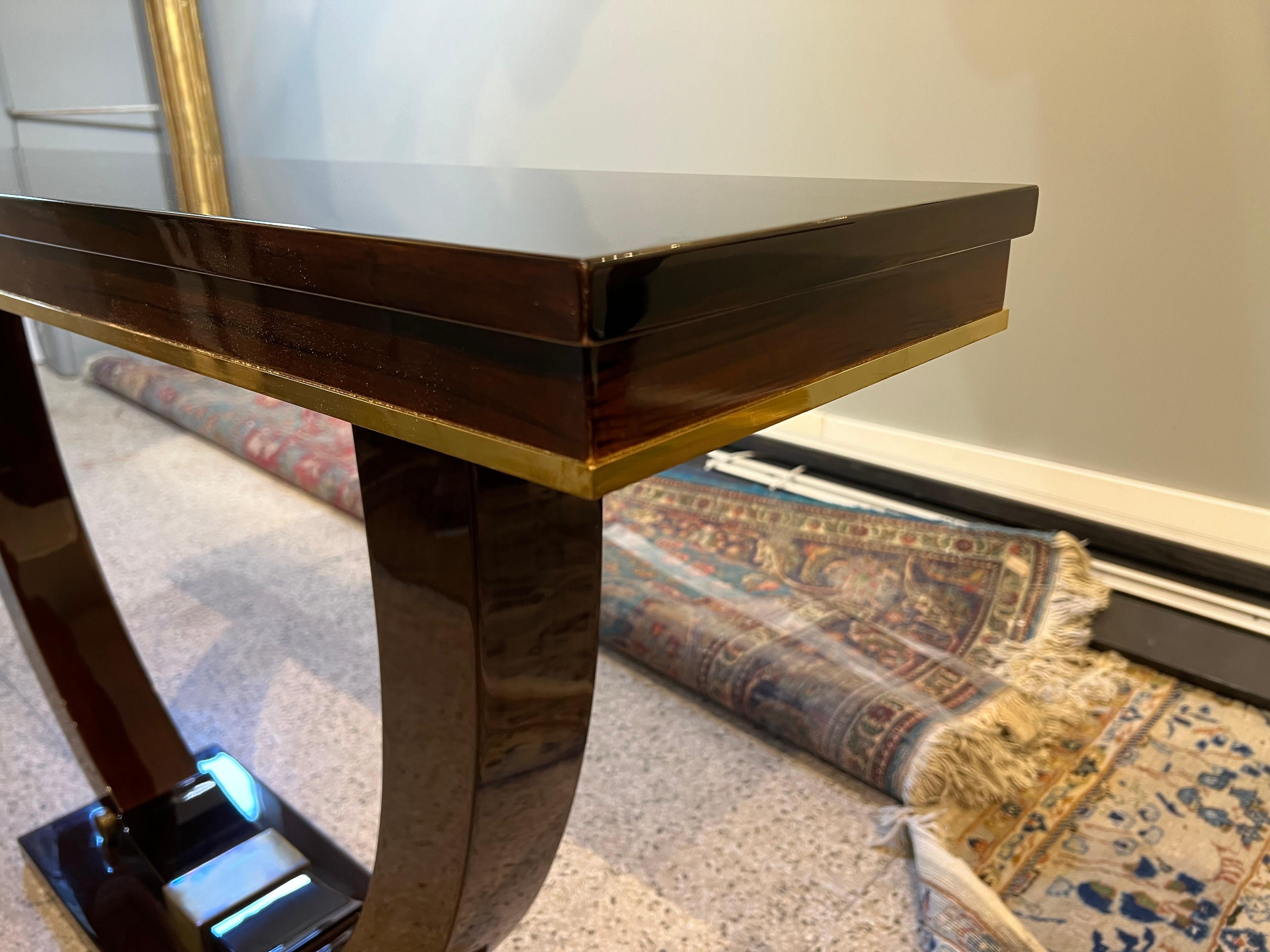 Brass Art Deco French Console in Walnut Wood For Sale