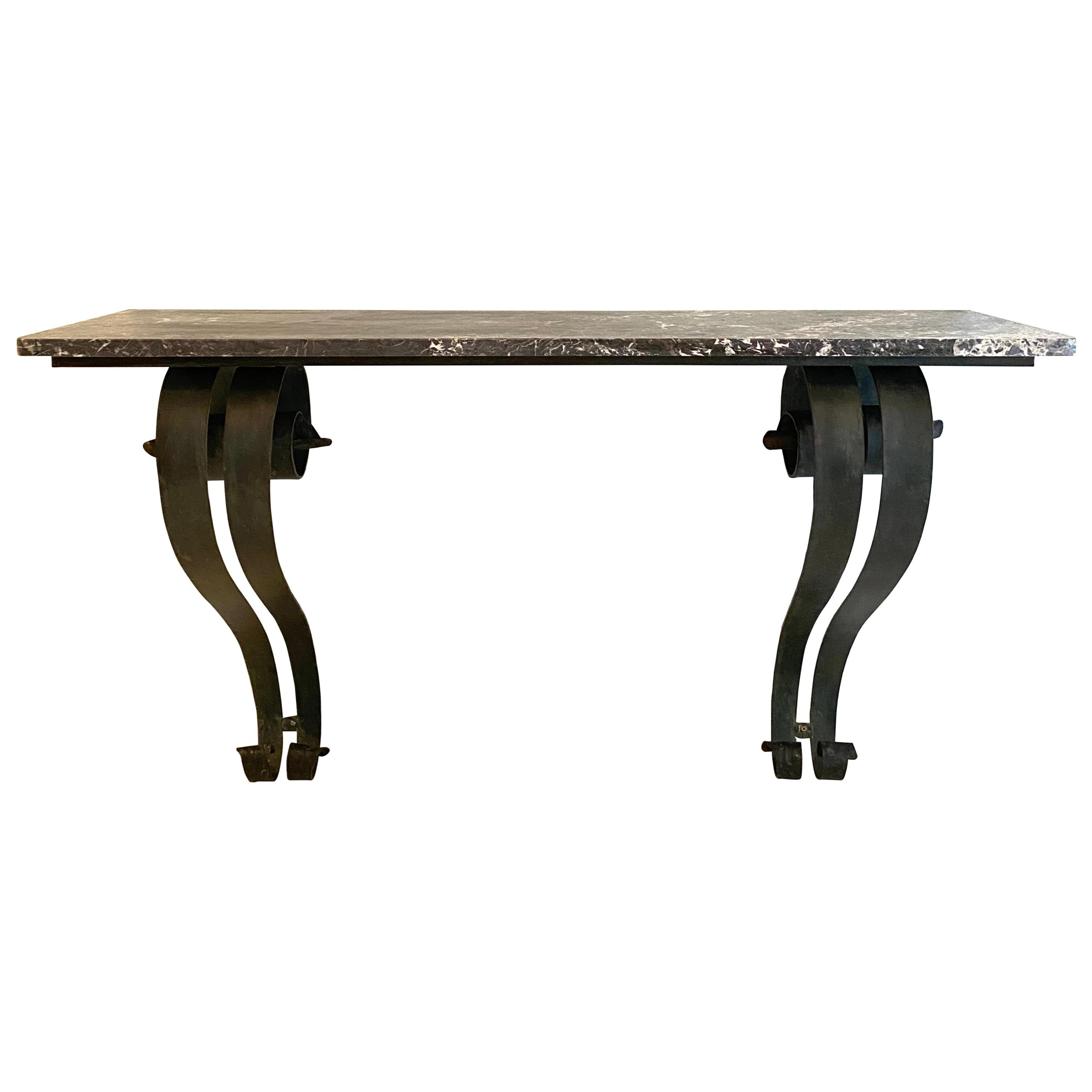 French Art Deco Console Table in Forged Metal and Marble by Raymond Subes, 1925 For Sale