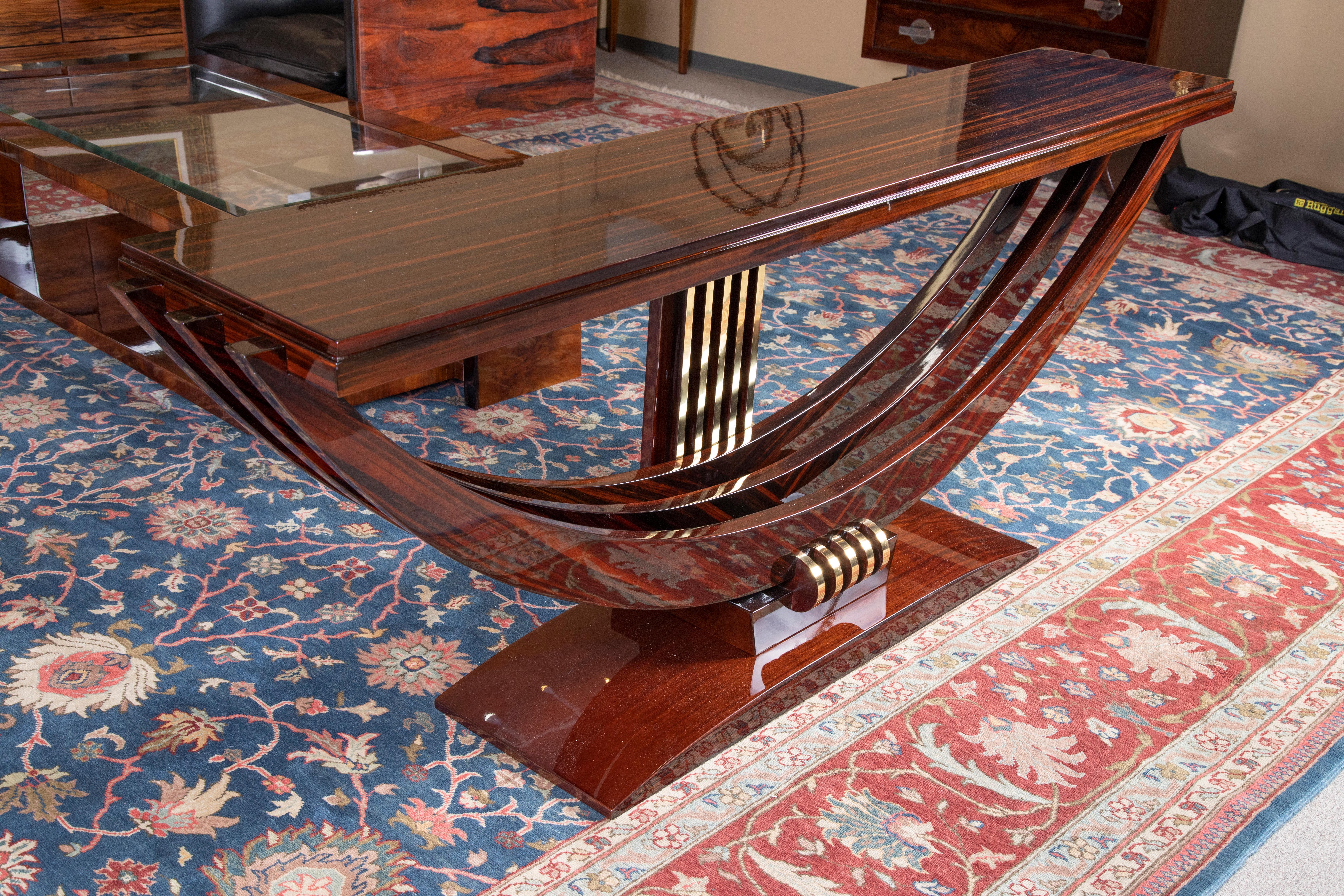Mid-20th Century Art Deco French Console in Macassar Wood with Brass Lines
