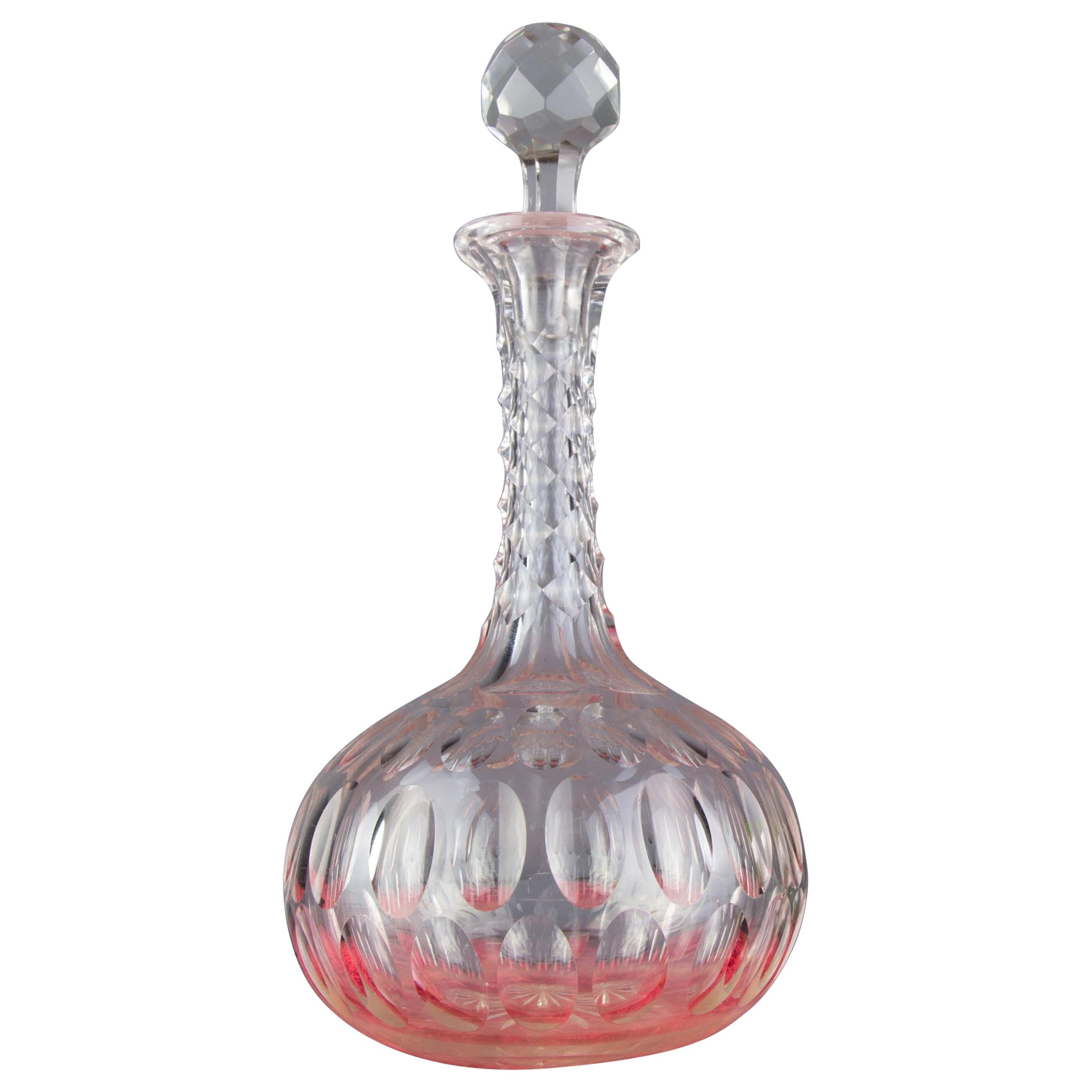 Art Deco French Crystal Carafe with Olive Cut Pattern, 1920s