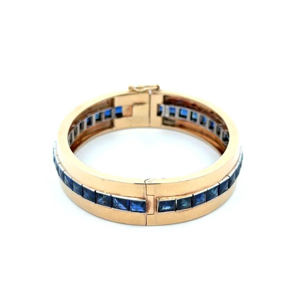 Bracelet jonc de style Art déco en platine et or avec saphir bleu de taille française Pour femmes en vente