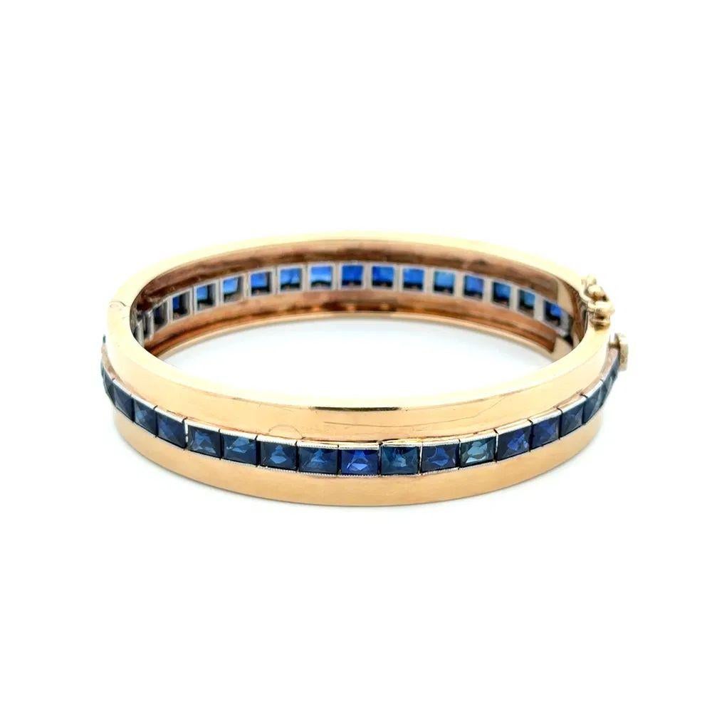 Bracelet jonc de style Art déco en platine et or avec saphir bleu de taille française en vente 1