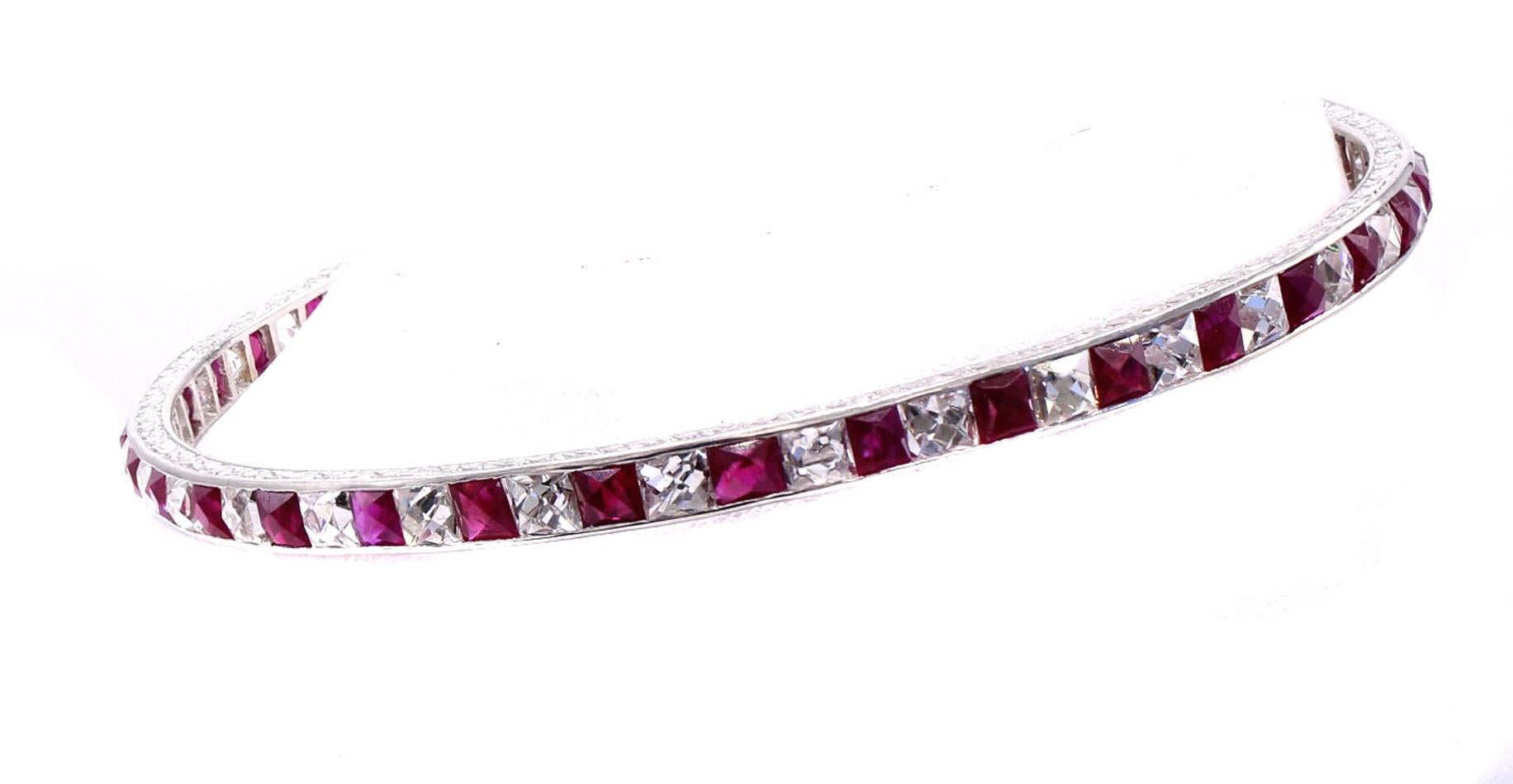 Women's or Men's Art Deco French Cut Diamond Burma Ruby Platinum Bangle Bracelet For Sale