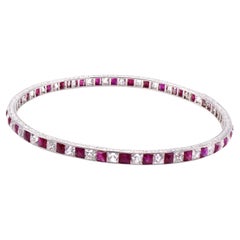 Bracelet jonc Art déco en platine avec diamants de taille française et rubis de Birmanie