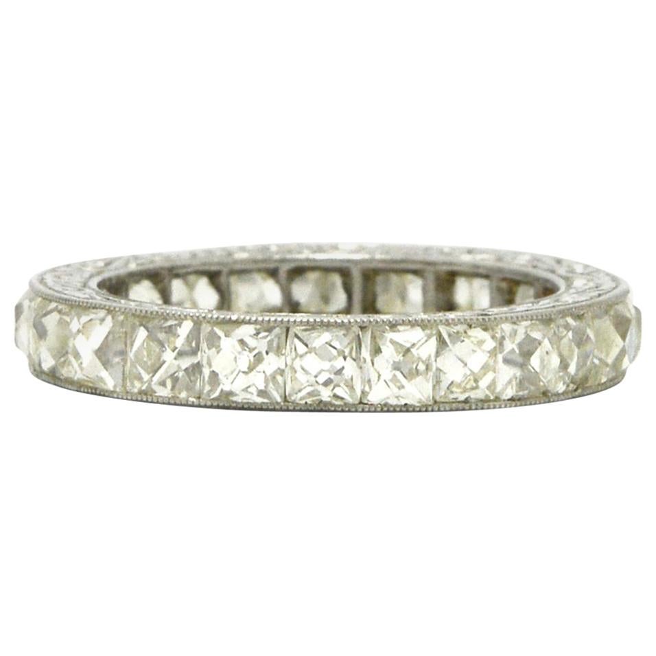 Art Deco French Cut Diamond Eternity Band 5 Carat Platinum Engraved Heirloom