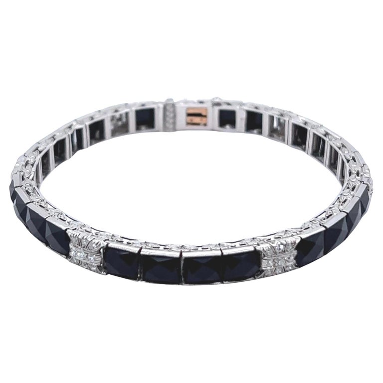 Art Deco French Cut Diamond Onyx Platinum Bracelet For Sale at 1stDibs