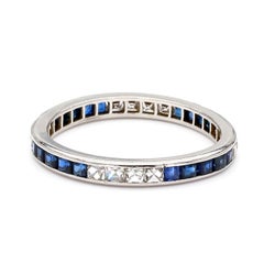 Art Deco French Cut Diamond & Sapphire Platinum Full Eternity Wedding Band Ring