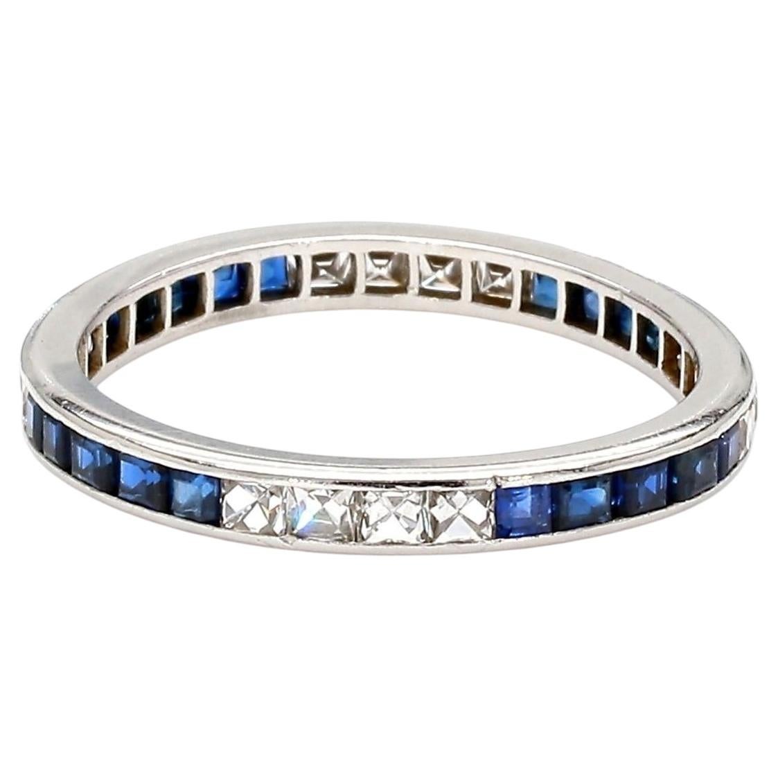 Anneau d'éternité en platine avec diamant et saphir de taille française Art Déco