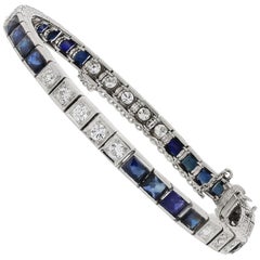 Art Deco French Cut Sapphire and Diamond Platinum One Line Bracelet