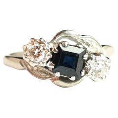 Art Deco French Cut Sapphire and Diamond Ring, 18k White Gold