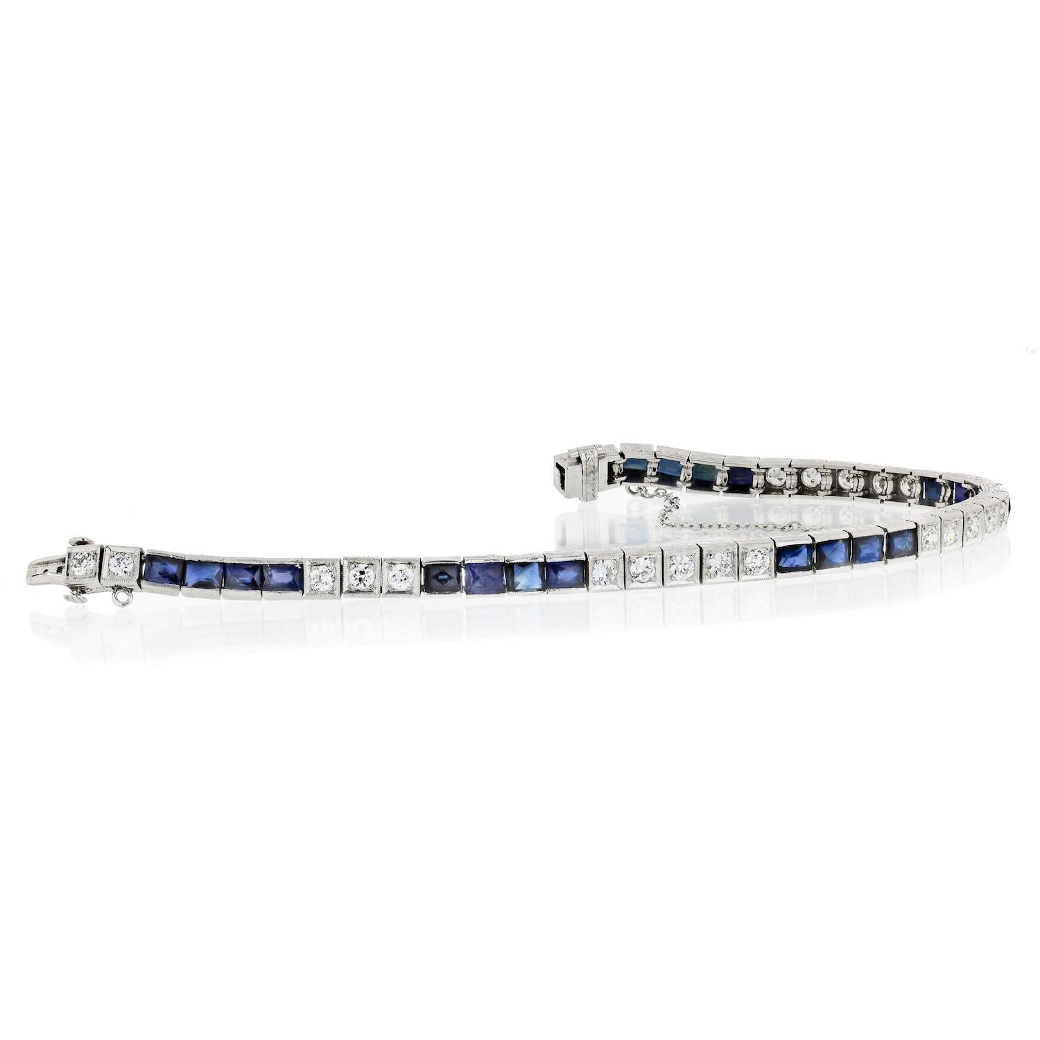 Art Deco French Cut Saphir und Diamant Platin ein Linie Armband (Art déco)