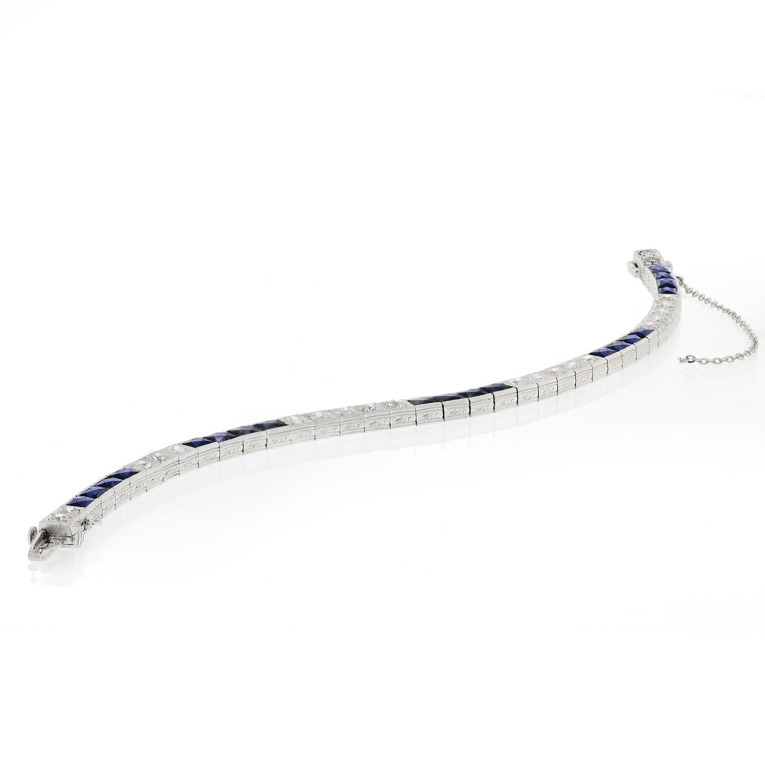 Art Deco French Cut Saphir und Diamant Platin ein Linie Armband (Französischer Schliff)