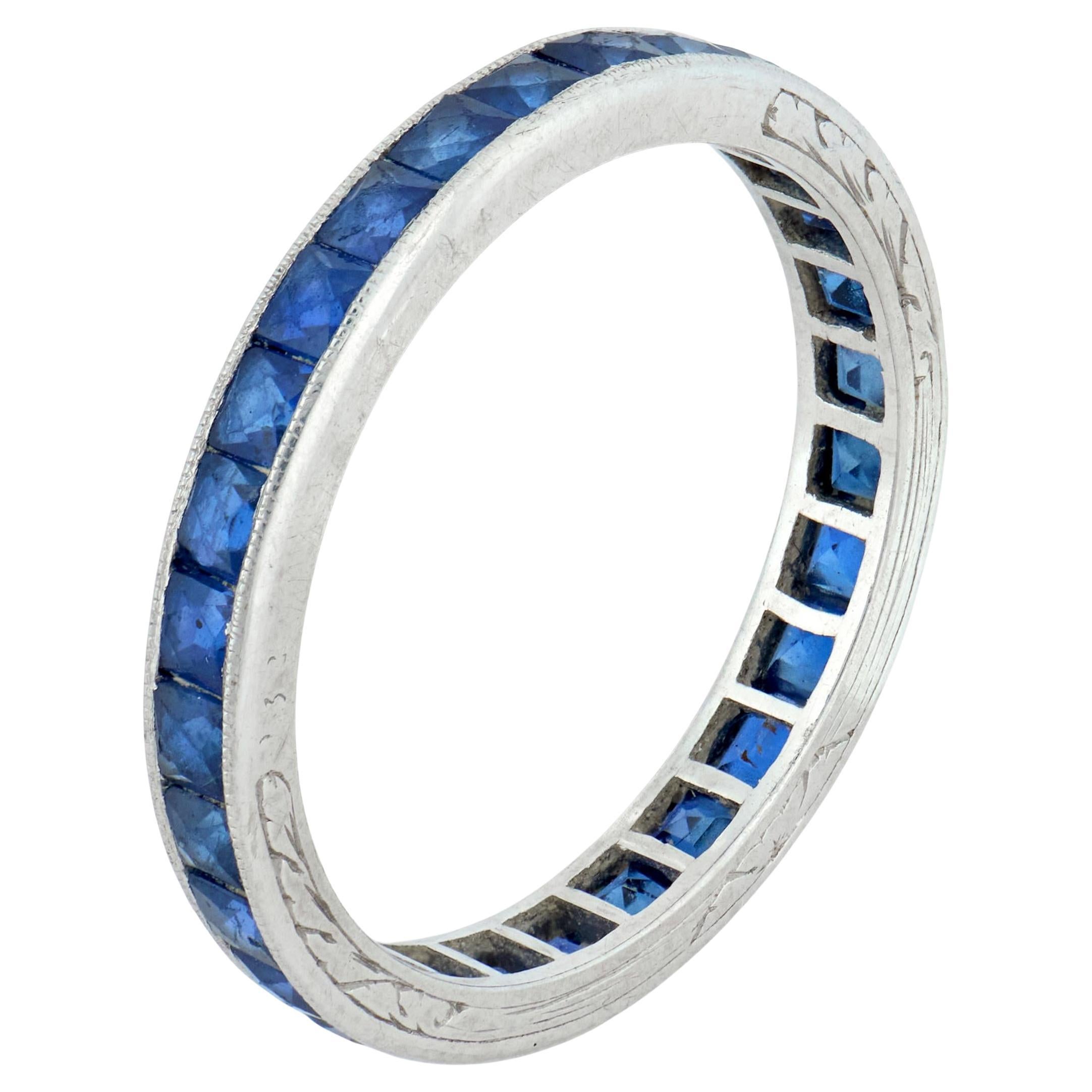 Art Deco French cut sapphire platinum eternity band