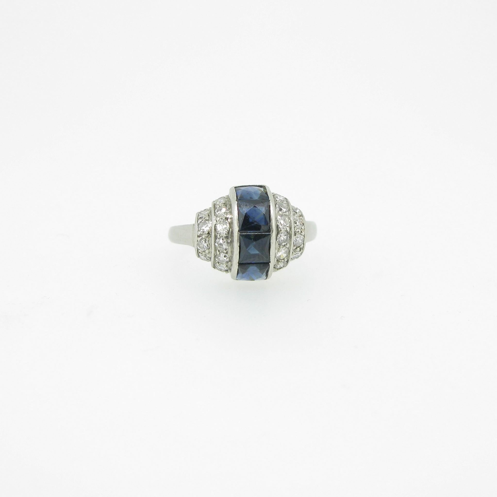 Art Deco French Cut Sapphires Diamonds Platinum Ring In Good Condition In London, GB