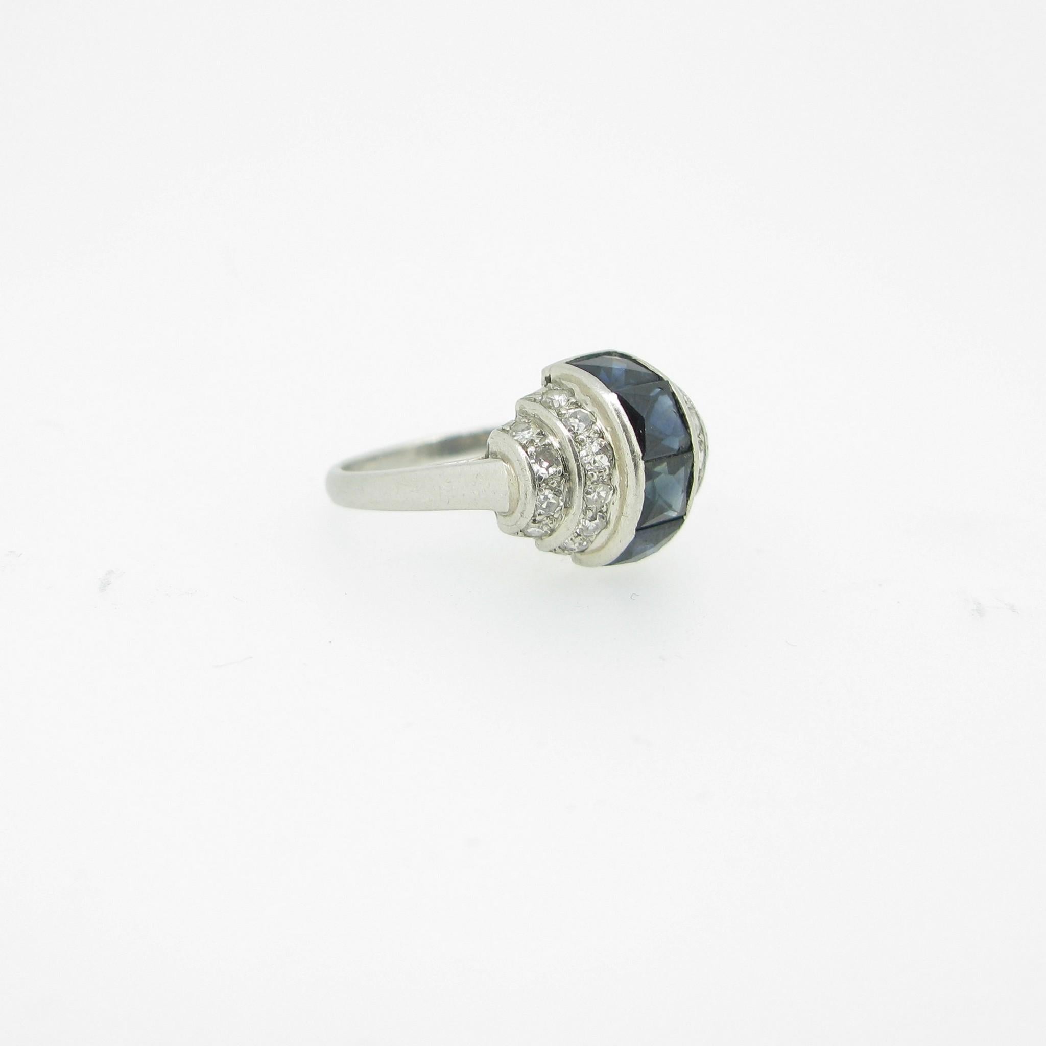 Women's or Men's Art Deco French Cut Sapphires Diamonds Platinum Ring