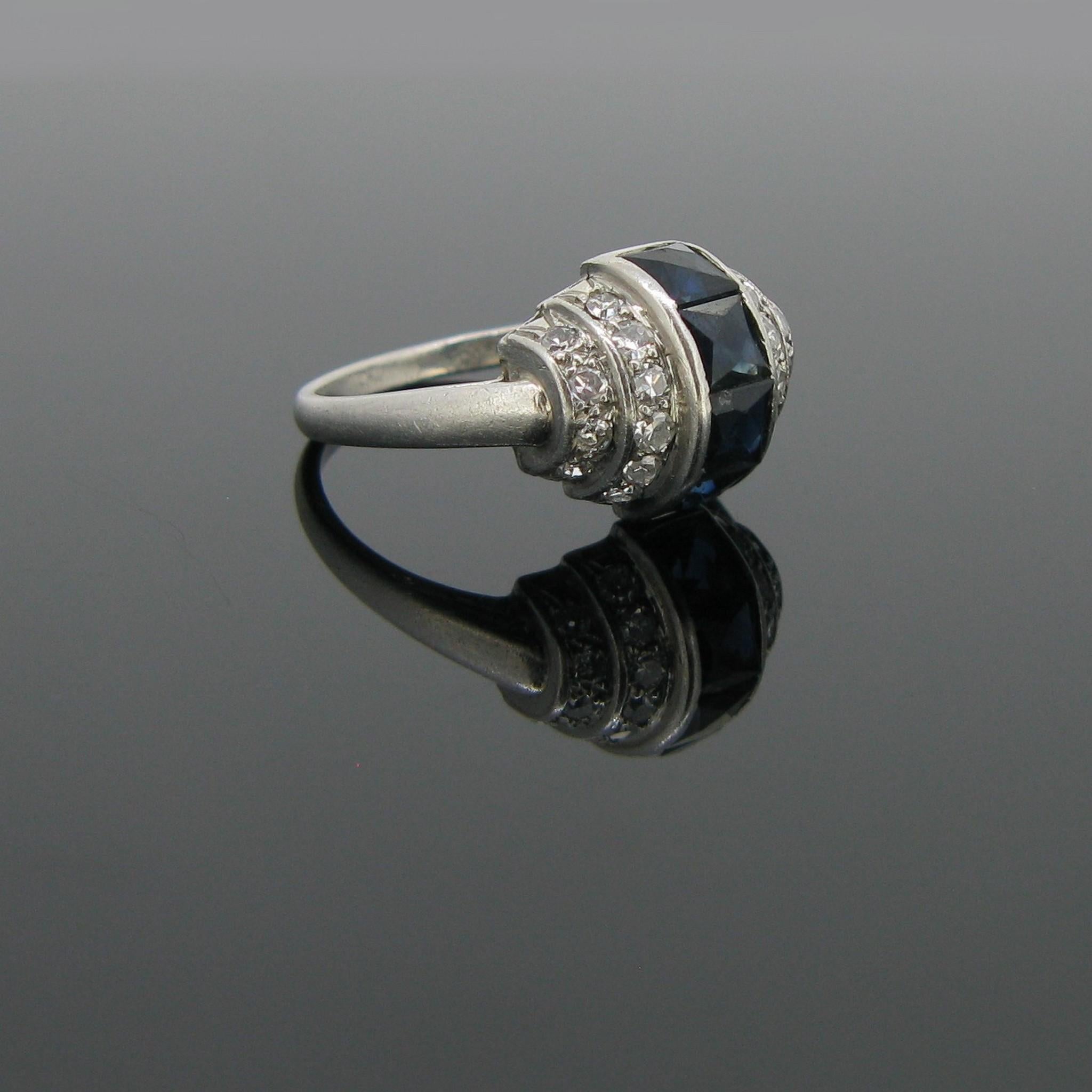 Art Deco French Cut Sapphires Diamonds Platinum Ring 1