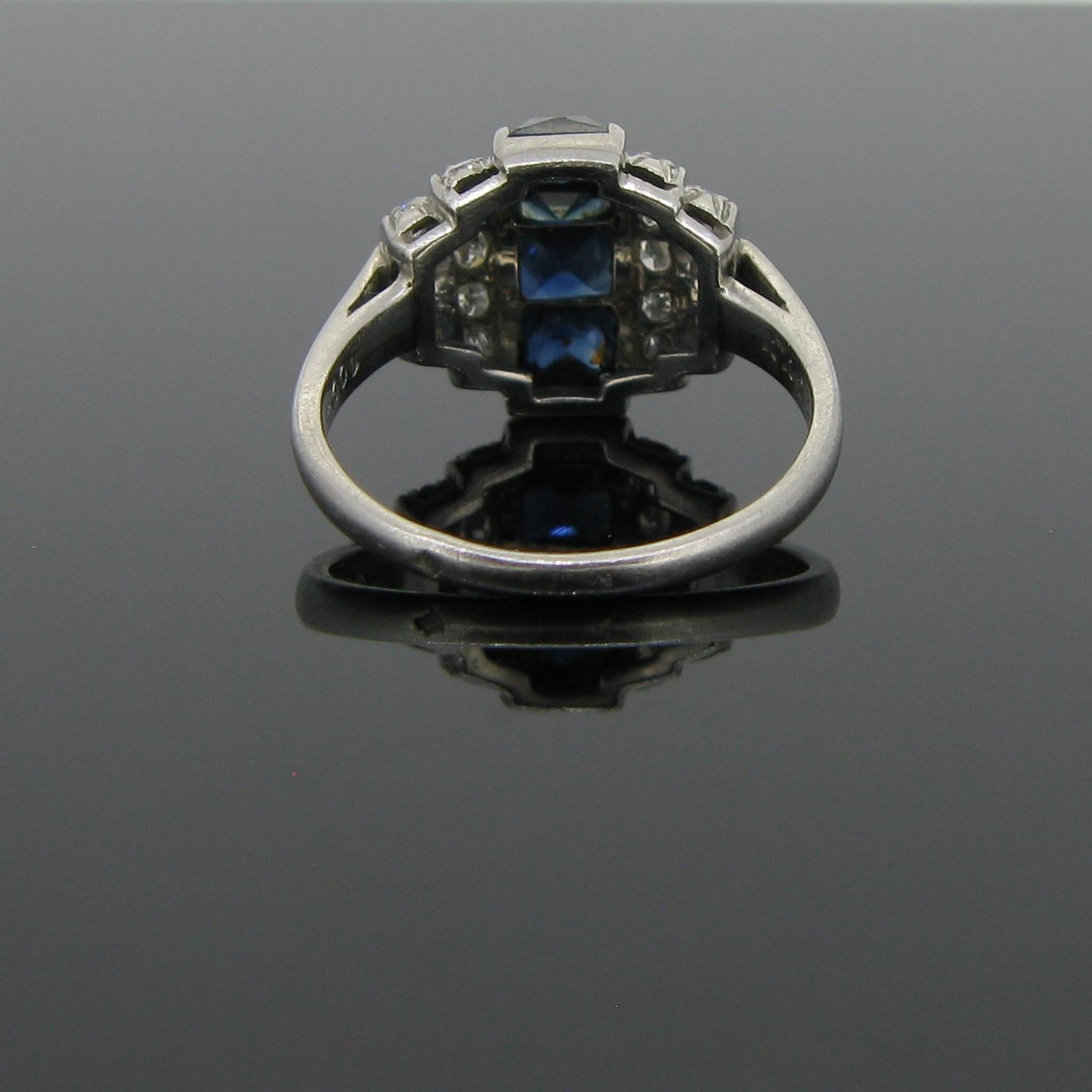 Art Deco French Cut Sapphires Diamonds Platinum Ring 2