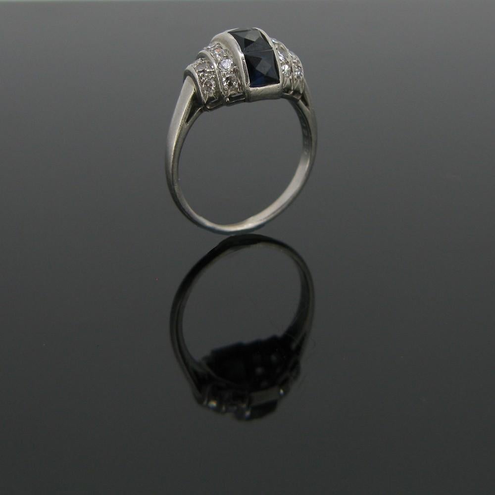 Art Deco French Cut Sapphires Diamonds Platinum Ring 4