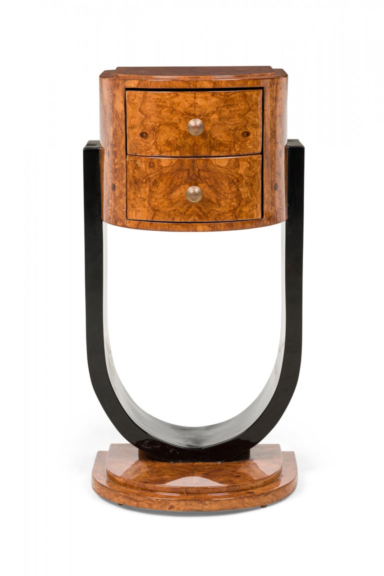 Art Deco French Demilune Burl Wood 2Drawer End / Side Table For Sale