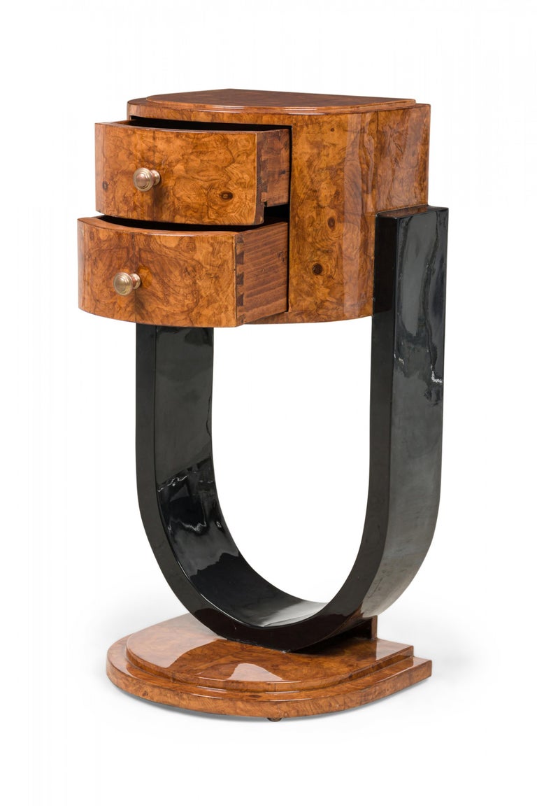 Art Deco French Demilune Burl Wood 2Drawer End / Side Table For Sale