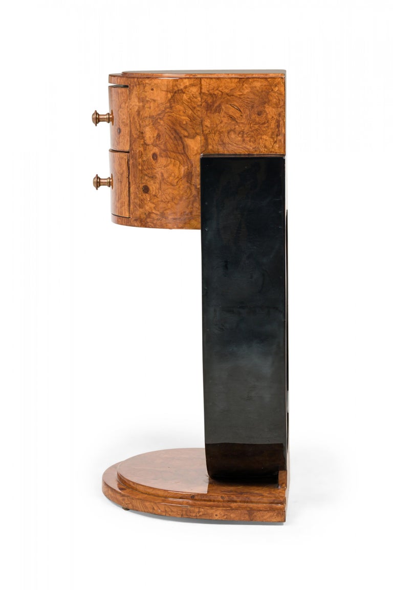 Art Deco French Demilune Burl Wood 2Drawer End / Side Table For Sale