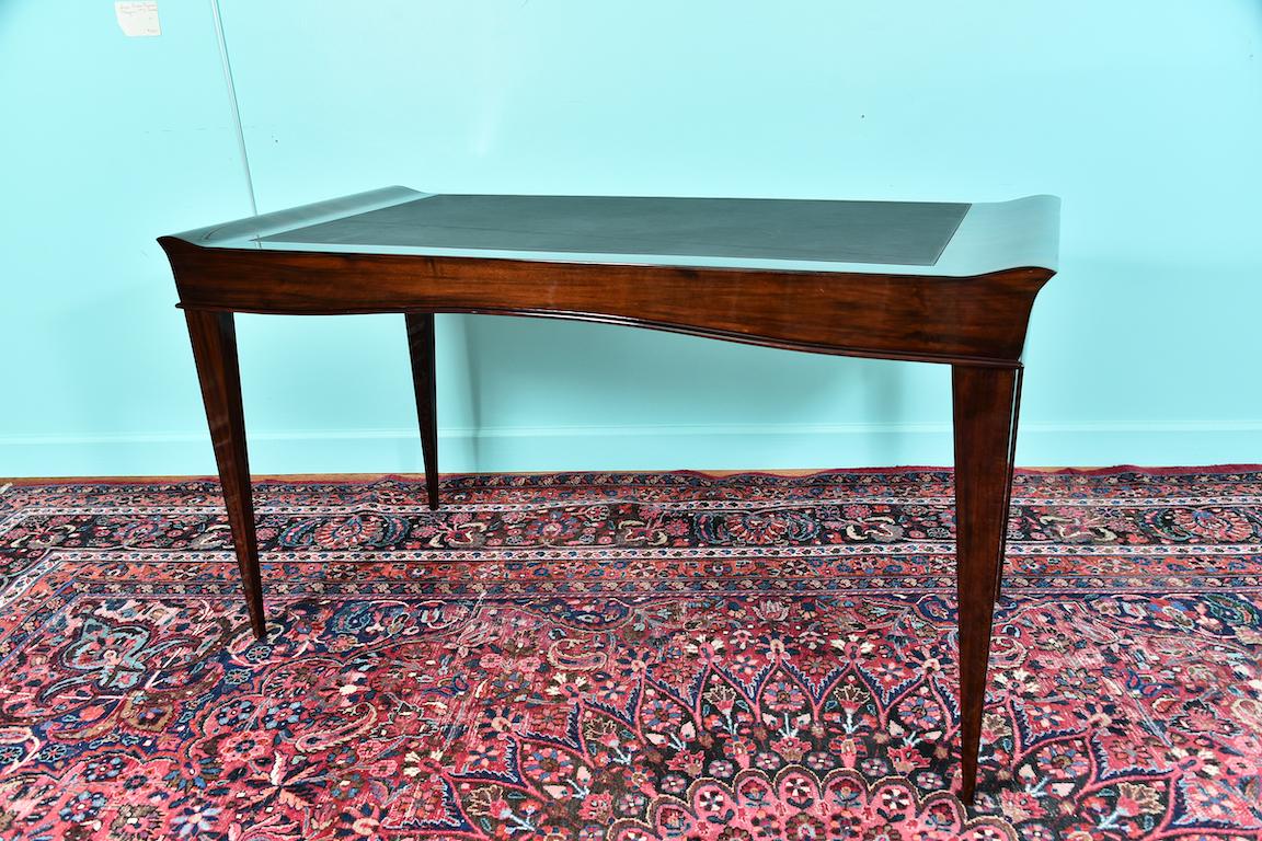 Cowhide Art Deco French Desk in Walnut with Elevated Corners